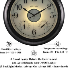 CLXEAST Illuminated Indoor Outdoor Clocks Waterproof 18 inch with Smart Sensor,Large Wall Clock with Thermometer & Hygrometer,Oil Rubbed Bronze Black,Gifts for Women