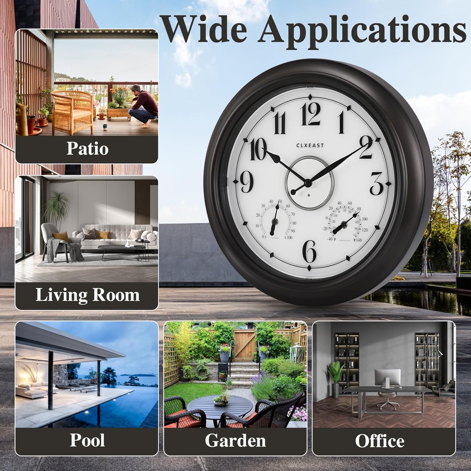CLXEAST Illuminated Indoor Outdoor Clocks Waterproof 18 inch with Smart Sensor,Large Wall Clock with Thermometer & Hygrometer,Oil Rubbed Bronze Black,Gifts for Women