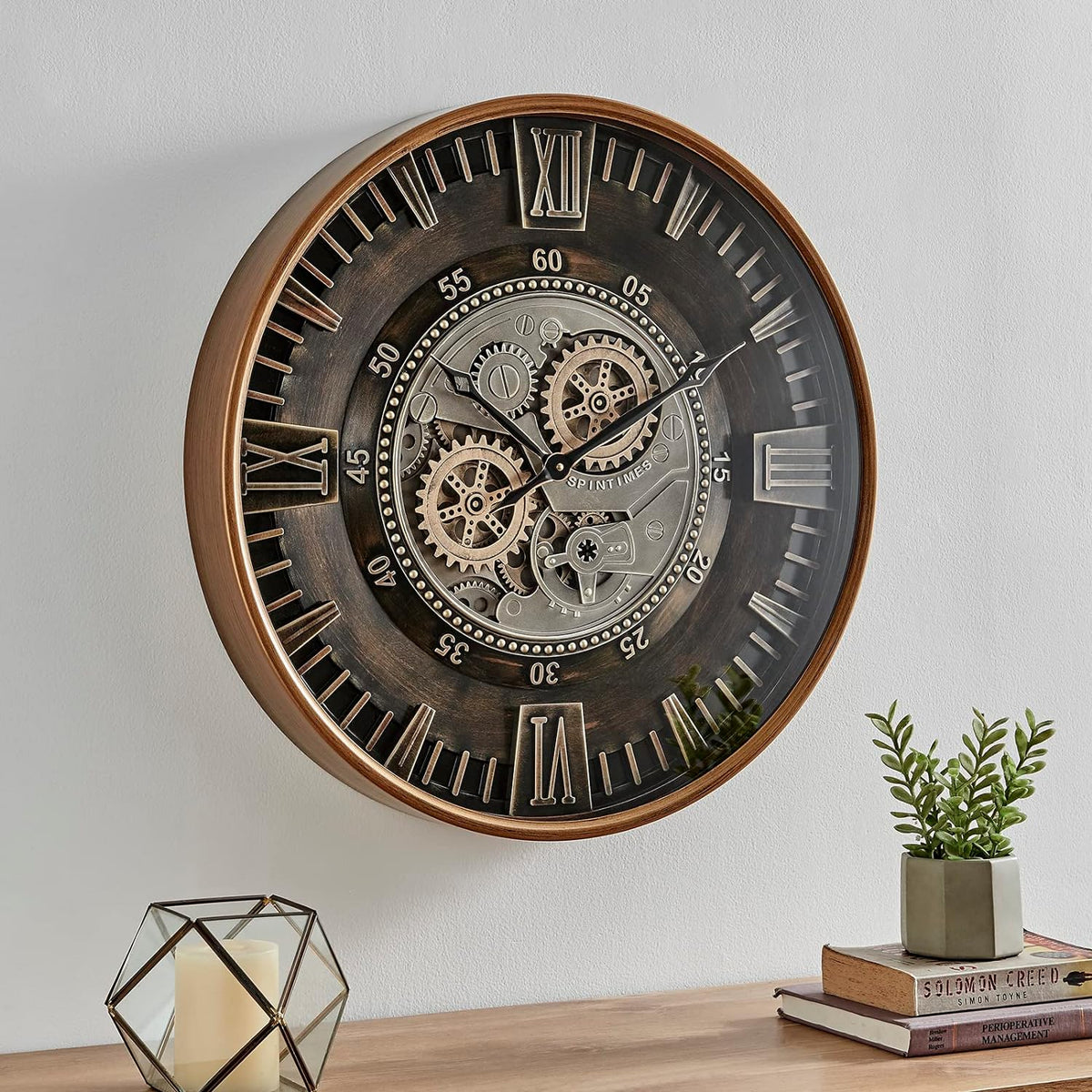 CLXEAST Mid Century Minimalist Modern Wall Clocks,24 Inch Wall Clock with Moving Gears, Large Cream Gold Wall Clocks for Living Room Decor,House Warming Gifts New Home