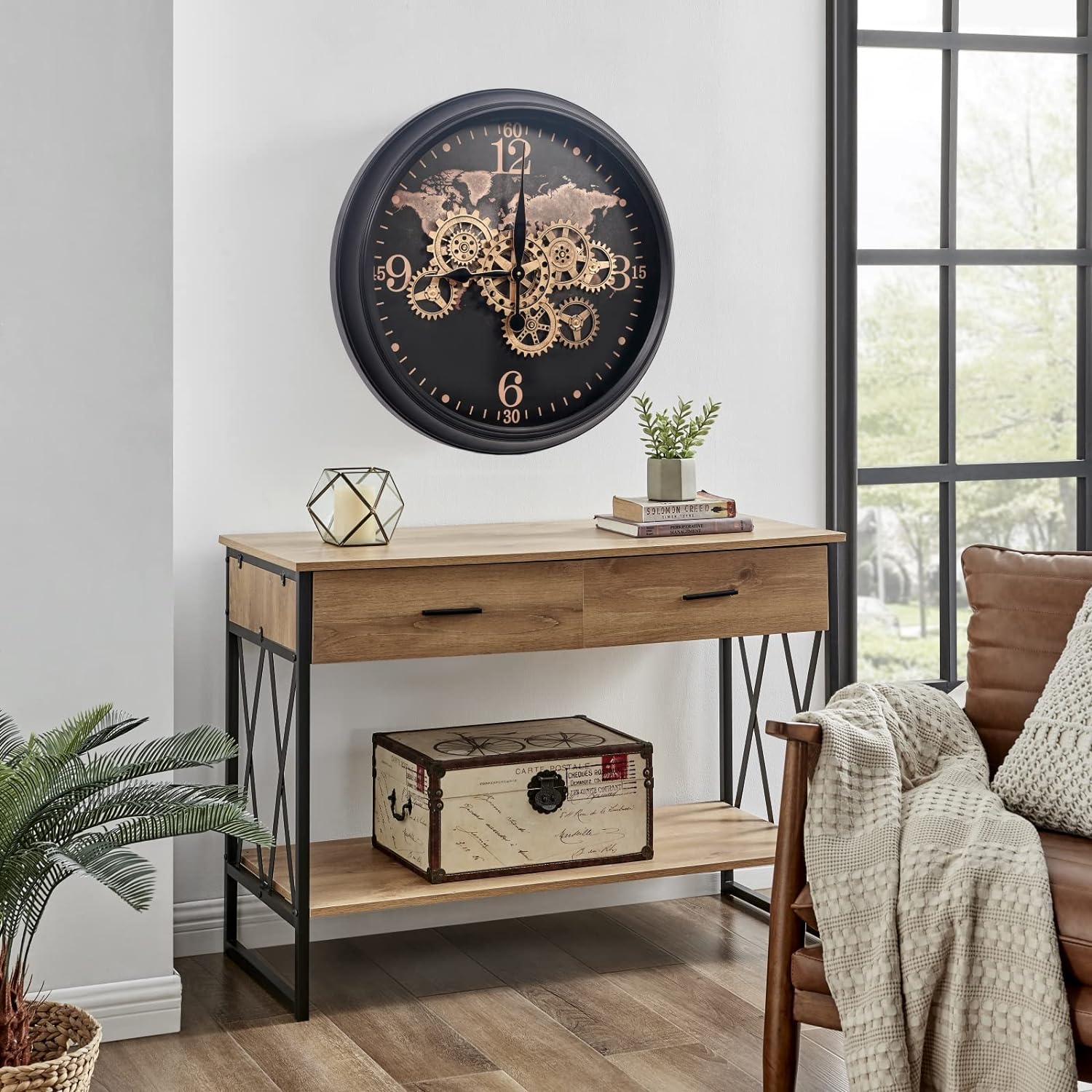 CLXEAST Mid Century Minimalist Modern Wall Clocks,24 Inch Wall Clock with Moving Gears, Large Cream Gold Wall Clocks for Living Room Decor,House Warming Gifts New Home