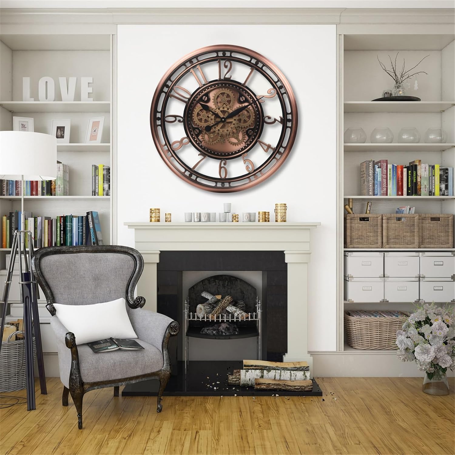 CLXEAST 28 Inch Oversized Large Moving Gear Wall Clock for Living Room Decor, Modern Farmhouse Decorative Wall Clocks Battery Operated,Rose Gold,House Warming Gifts New Home