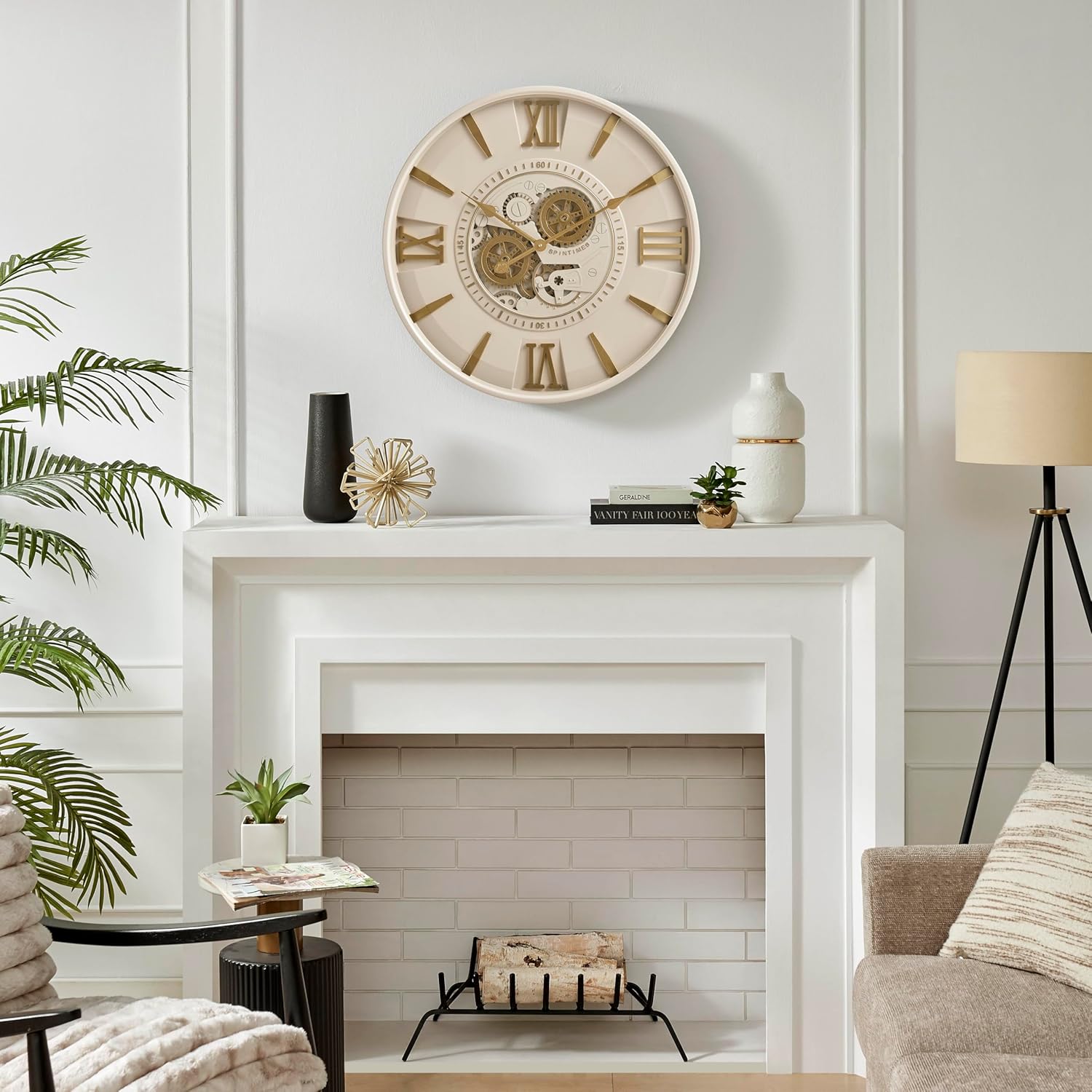 CLXEAST Mid Century Minimalist Modern Wall Clocks,24 Inch Wall Clock with Moving Gears, Large Cream Gold Wall Clocks for Living Room Decor,House Warming Gifts New Home