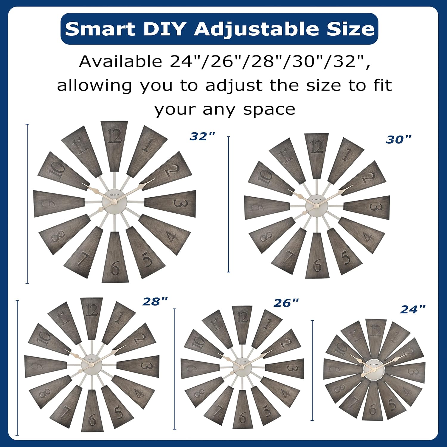 CLXEAST 30 Inch Large Farmhouse DIY Windmill Decor Wall Clock, Adjustable Size 24"/26"/28"/30"/32", 24 Inch Wall Clock for Living Room Decor,Wall Art Decor, Galvanized Plastic