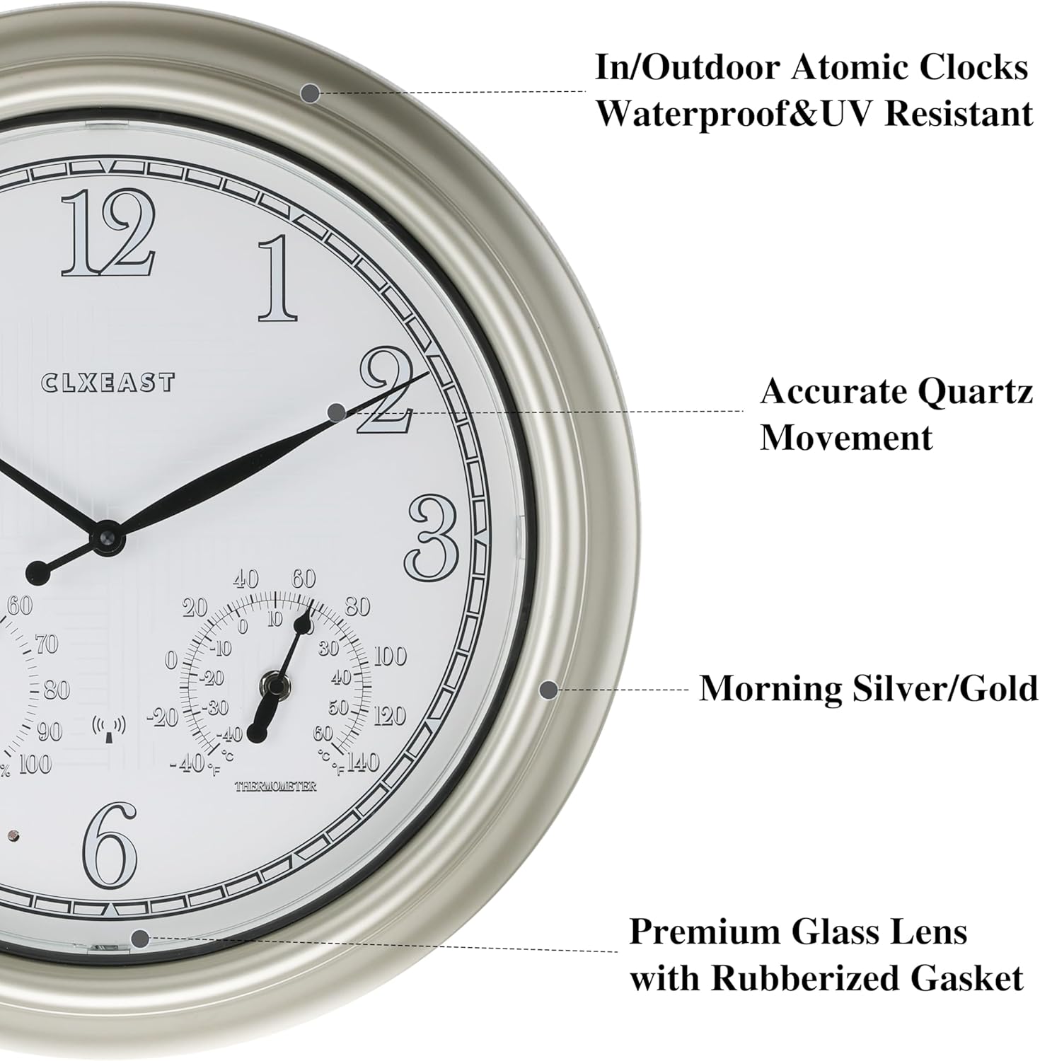 CLXEAST 18 Inch Illuminated Outdoor Indoor Atomic Analog Wall Clock with Temperature & Humidity, Lighted Outdoor Clocks for Patio Large Waterproof with Thermometer,Bronze Finish,House Warming Gifts