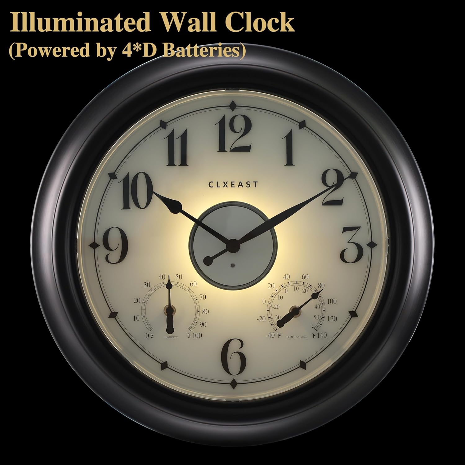 CLXEAST Illuminated Indoor Outdoor Clocks Waterproof 18 inch with Smart Sensor,Large Wall Clock with Thermometer & Hygrometer,Oil Rubbed Bronze Black,Gifts for Women