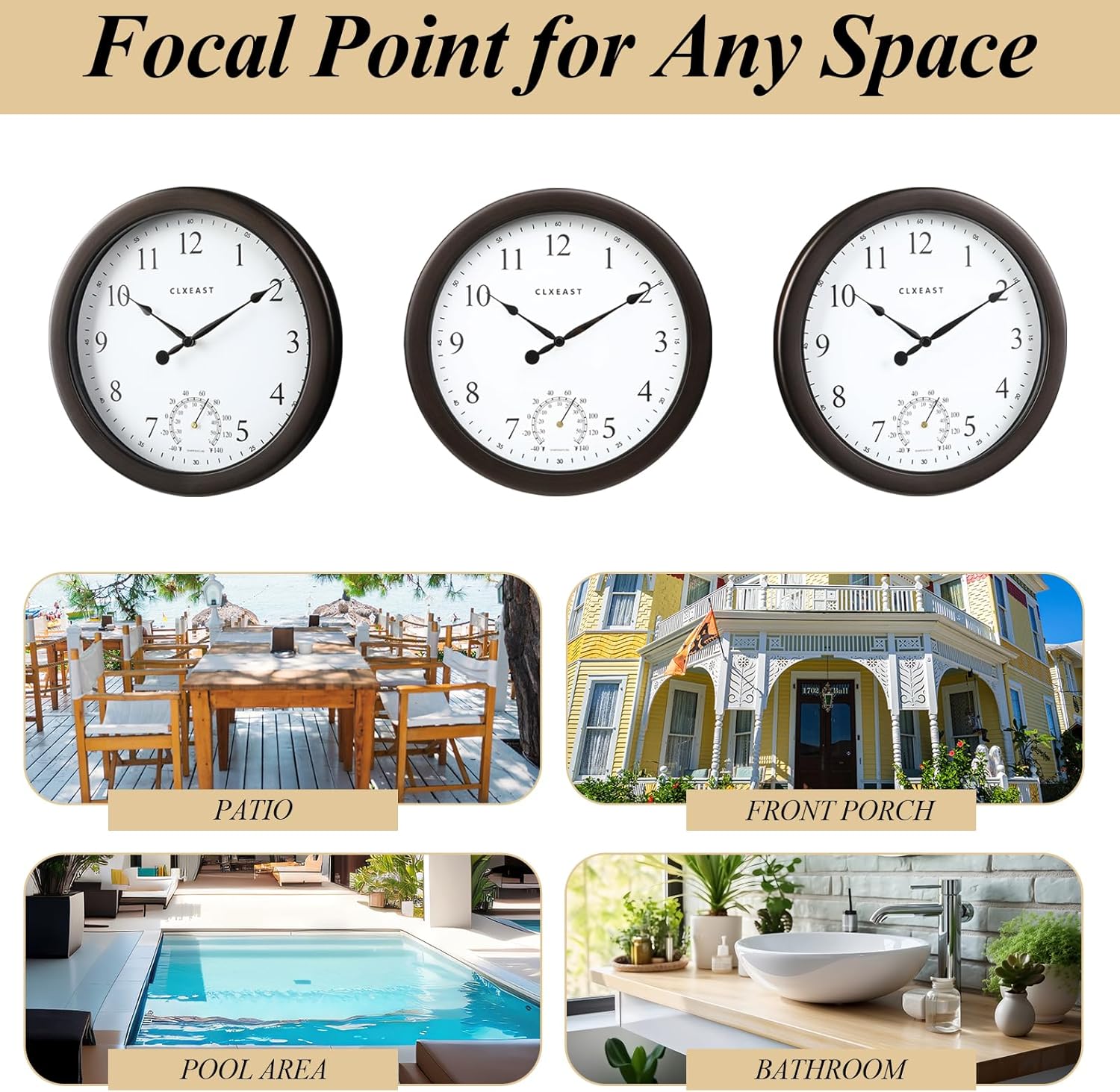 CLXEAST 10.4 Inch Indoor Outdoor Clocks Waterproof,Outdoor Clock with Temperature for Bathroom,Patio, Pool,Kitchen,Gifts for Women, Oil Rubbed Bronze Black Finish