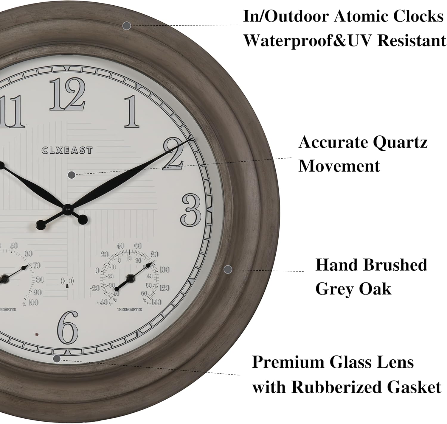 CLXEAST 18 Inch Illuminated Outdoor Indoor Atomic Analog Wall Clock with Temperature & Humidity, Lighted Outdoor Clocks for Patio Large Waterproof with Thermometer,Bronze Finish,House Warming Gifts