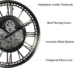 CLXEAST Modern Moving Gears Wall Clock for Living Room Decor,Industrial Steampunk Clocks for Farmhouse Home Decor,Roman Numerals,Gunmetal Nickel (21 Inch)