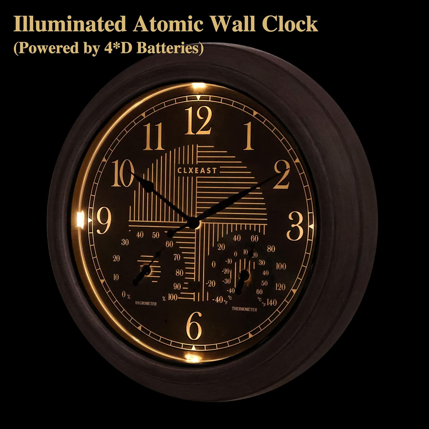 CLXEAST 18 Inch Illuminated Outdoor Indoor Atomic Analog Wall Clock with Temperature & Humidity, Lighted Outdoor Clocks for Patio Large Waterproof with Thermometer,Bronze Finish,House Warming Gifts