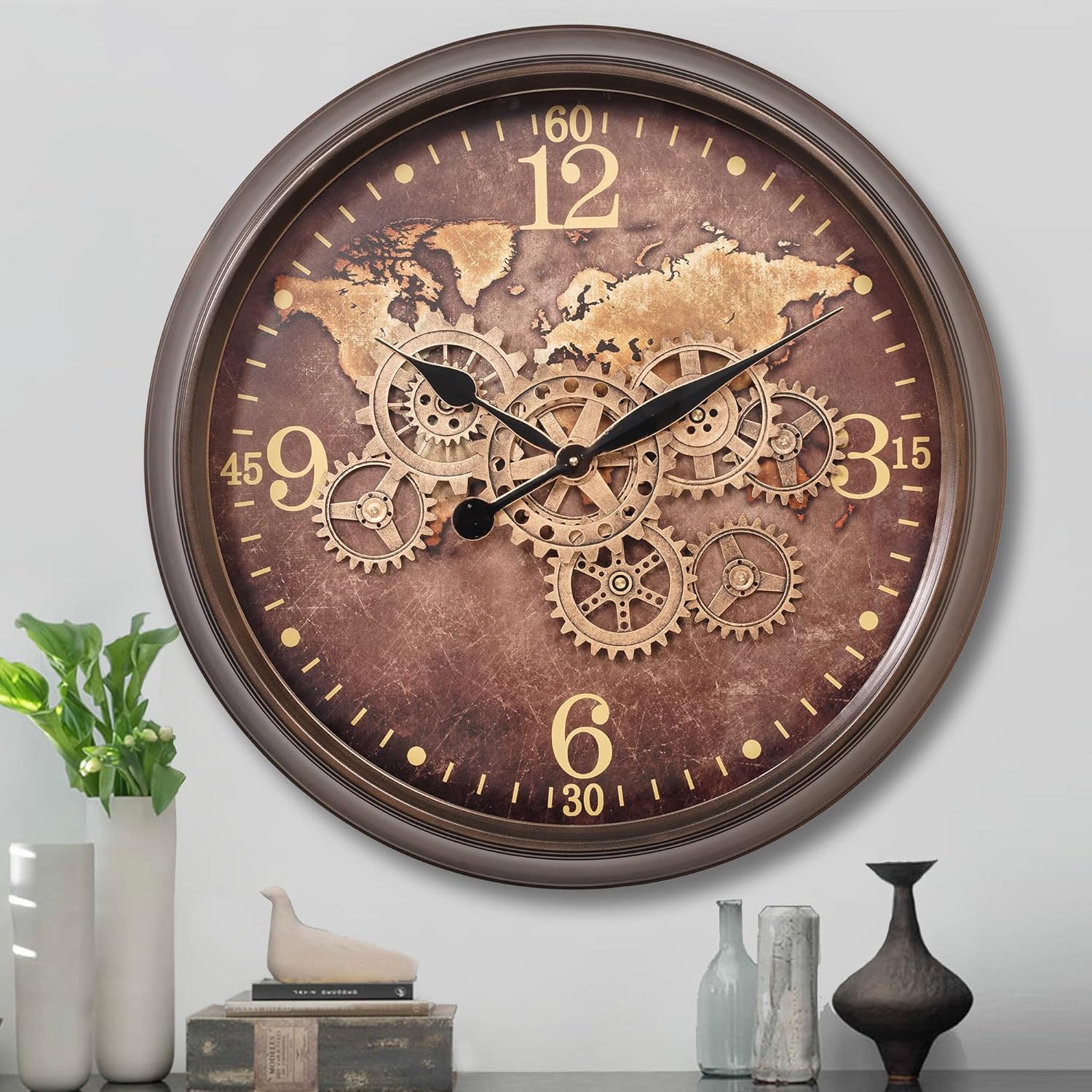 CLXEAST Mid Century Minimalist Modern Wall Clocks,24 Inch Wall Clock with Moving Gears, Large Cream Gold Wall Clocks for Living Room Decor,House Warming Gifts New Home