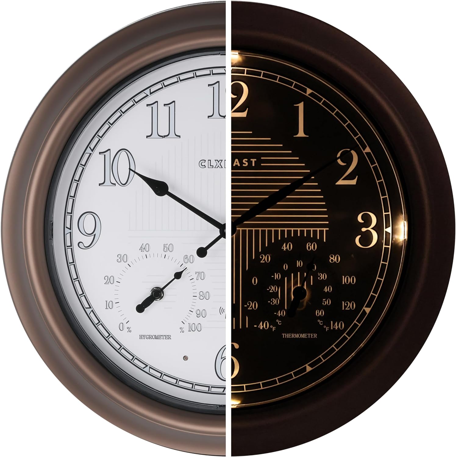 CLXEAST 18 Inch Illuminated Outdoor Indoor Atomic Analog Wall Clock with Temperature & Humidity, Lighted Outdoor Clocks for Patio Large Waterproof with Thermometer,Bronze Finish,House Warming Gifts