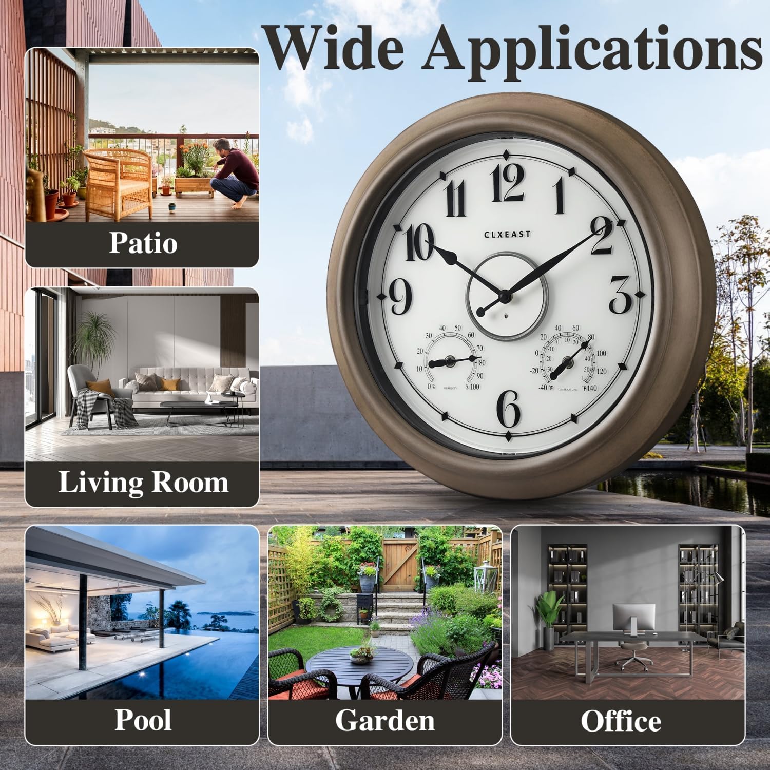 CLXEAST Illuminated Outdoor Clocks Waterproof 18 Inch with Smart Sensor,Large Outdoor Pool Clock with Temperature & Hygrometer,Grey Oak/Faux Barnwood,Gifts for Women
