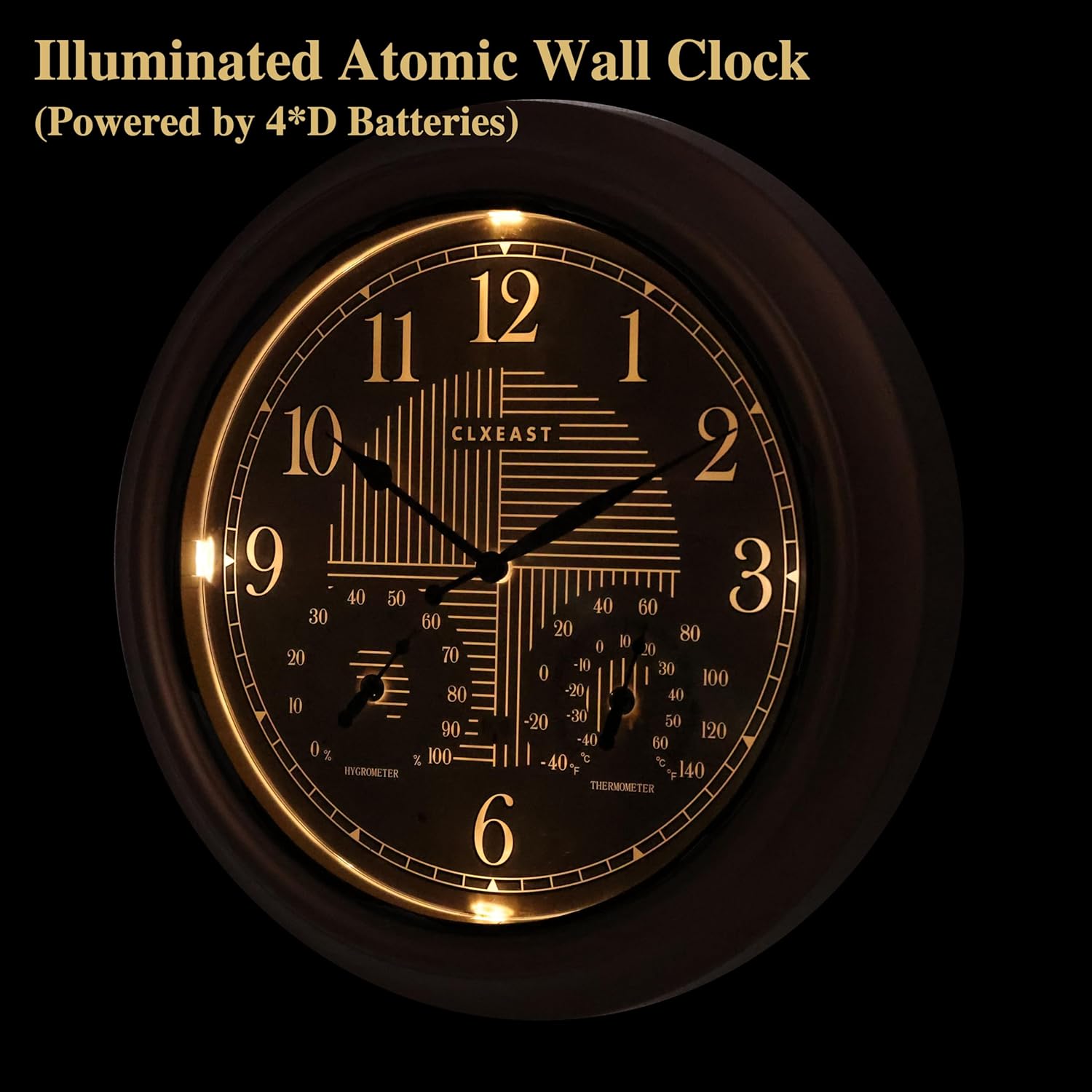 CLXEAST 18 Inch Illuminated Outdoor Indoor Atomic Analog Wall Clock with Temperature & Humidity, Lighted Outdoor Clocks for Patio Large Waterproof with Thermometer,Bronze Finish,House Warming Gifts