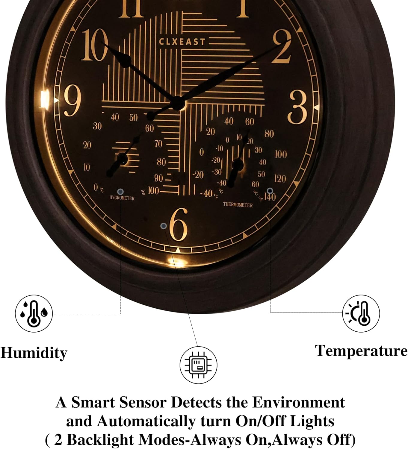CLXEAST 18 Inch Illuminated Outdoor Indoor Atomic Analog Wall Clock with Temperature & Humidity, Lighted Outdoor Clocks for Patio Large Waterproof with Thermometer,Bronze Finish,House Warming Gifts
