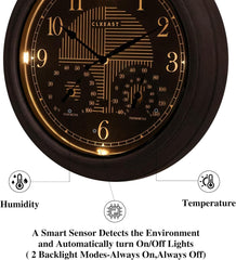 CLXEAST 18 Inch Illuminated Outdoor Indoor Atomic Analog Wall Clock with Temperature & Humidity, Lighted Outdoor Clocks for Patio Large Waterproof with Thermometer,Bronze Finish,House Warming Gifts