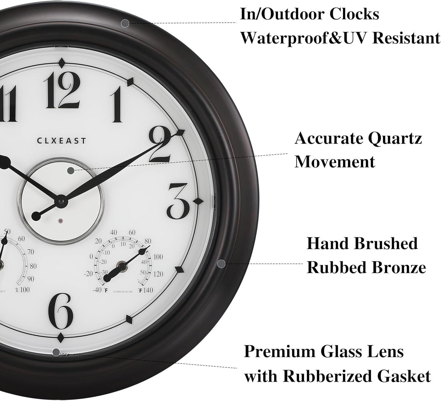 CLXEAST Illuminated Indoor Outdoor Clocks Waterproof 18 inch with Smart Sensor,Large Wall Clock with Thermometer & Hygrometer,Oil Rubbed Bronze Black,Gifts for Women