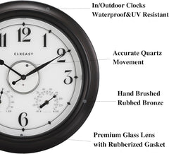 CLXEAST Illuminated Indoor Outdoor Clocks Waterproof 18 inch with Smart Sensor,Large Wall Clock with Thermometer & Hygrometer,Oil Rubbed Bronze Black,Gifts for Women