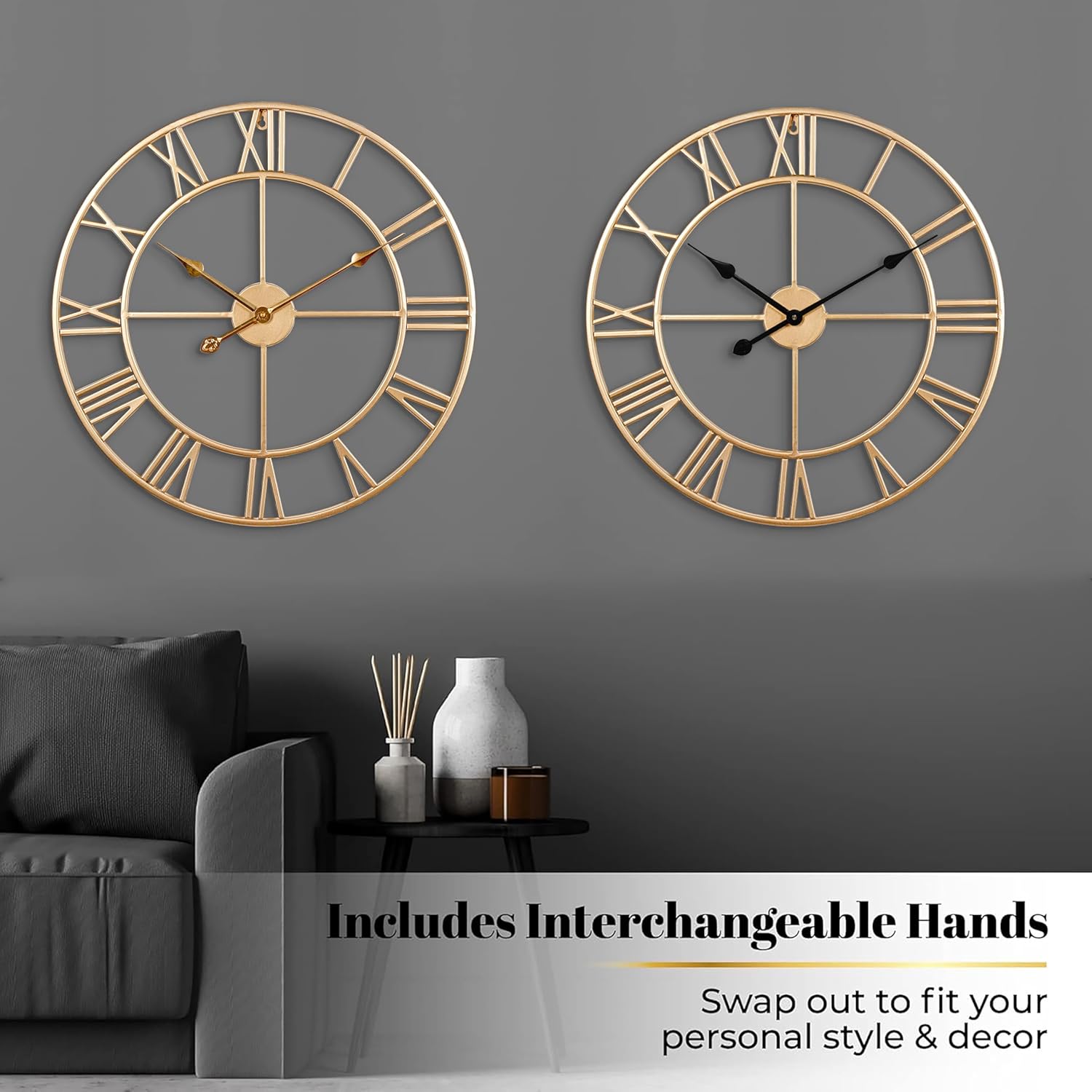 CLXEAST 30 Inch Wall Clock,Large Champagne Gold Metal Roman Numeral Wall Clock, Modern Wall Clocks for Living Room Decor