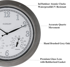 CLXEAST 18 Inch Illuminated Outdoor Indoor Atomic Analog Wall Clock with Temperature & Humidity, Lighted Outdoor Clocks for Patio Large Waterproof with Thermometer,Bronze Finish,House Warming Gifts
