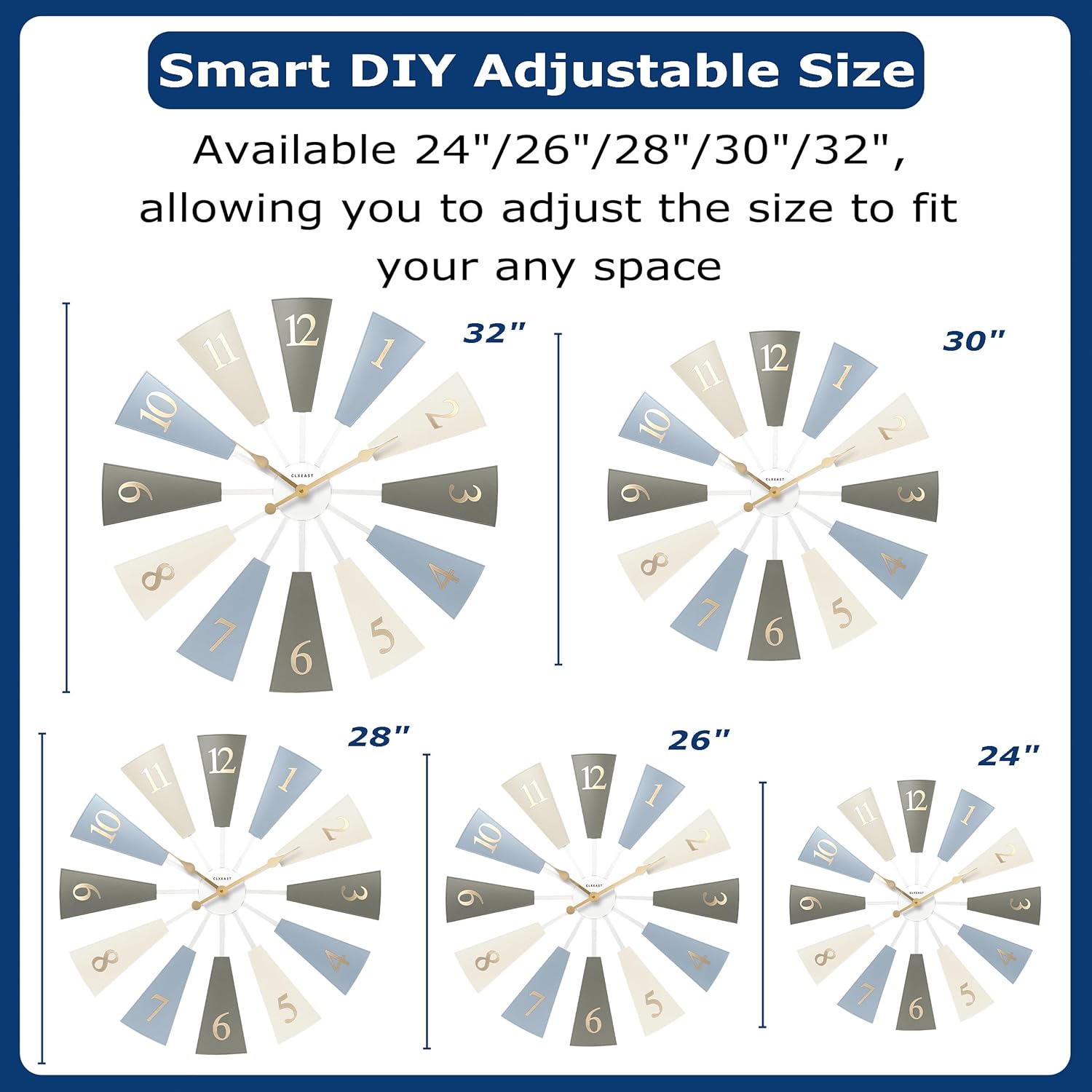 CLXEAST 30 Inch Large Farmhouse DIY Windmill Decor Wall Clock, Adjustable Size 24"/26"/28"/30"/32", 24 Inch Wall Clock for Living Room Decor,Wall Art Decor, Galvanized Plastic