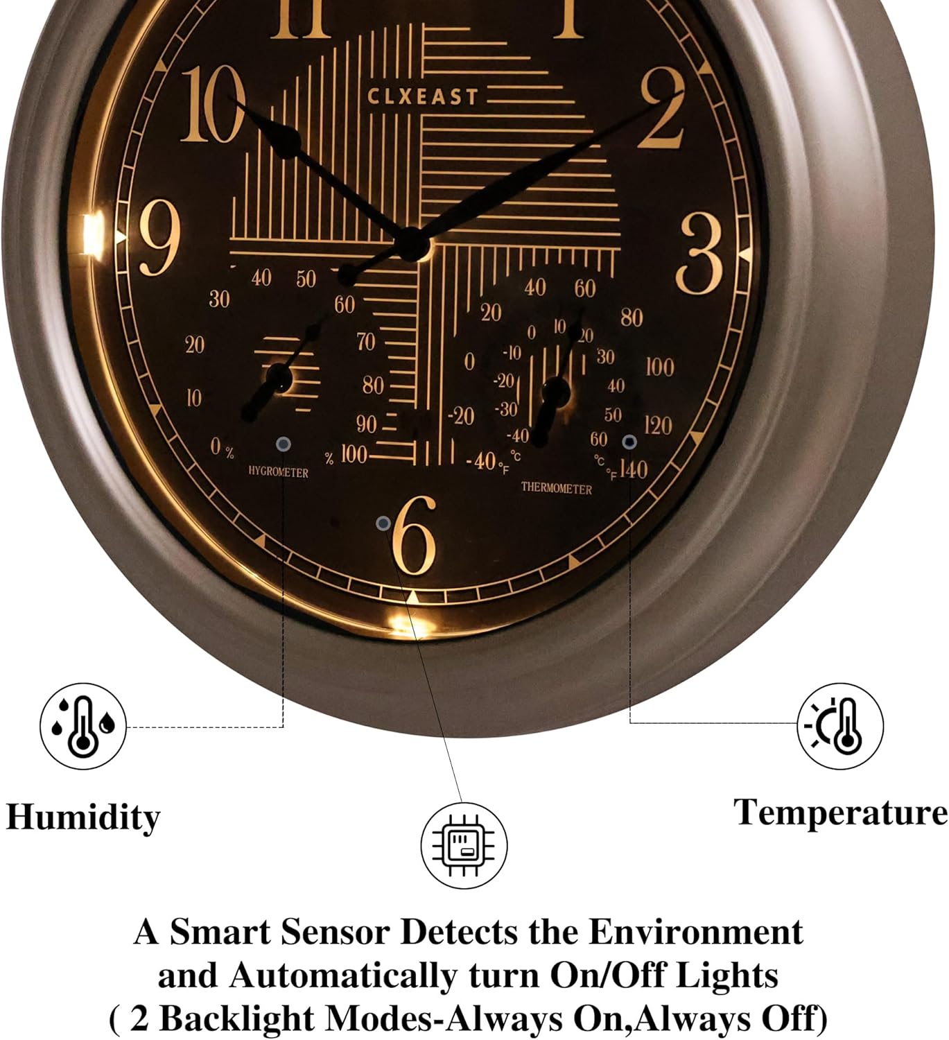 CLXEAST 18 Inch Illuminated Outdoor Indoor Atomic Analog Wall Clock with Temperature & Humidity, Lighted Outdoor Clocks for Patio Large Waterproof with Thermometer,Bronze Finish,House Warming Gifts