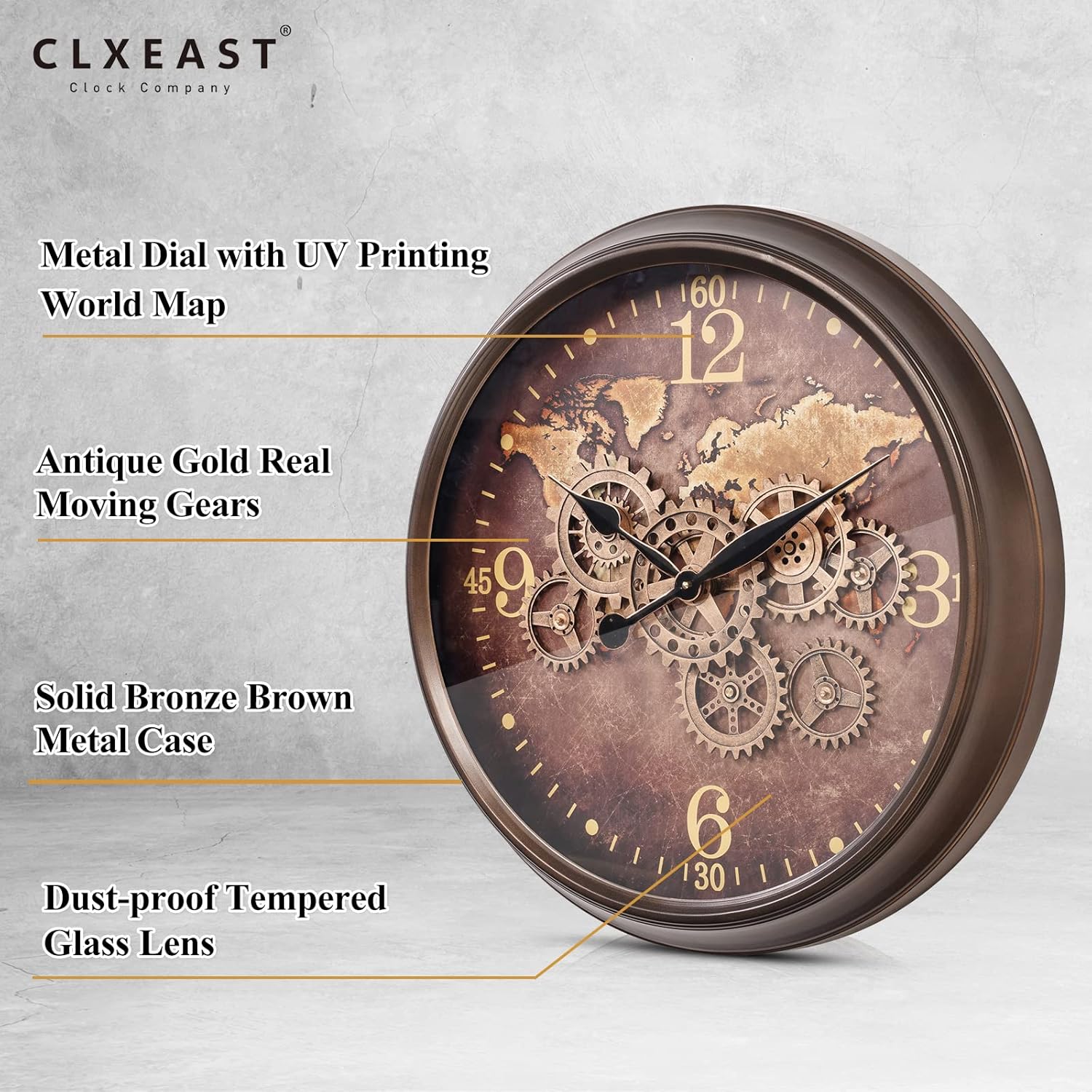 CLXEAST Mid Century Minimalist Modern Wall Clocks,24 Inch Wall Clock with Moving Gears, Large Cream Gold Wall Clocks for Living Room Decor,House Warming Gifts New Home