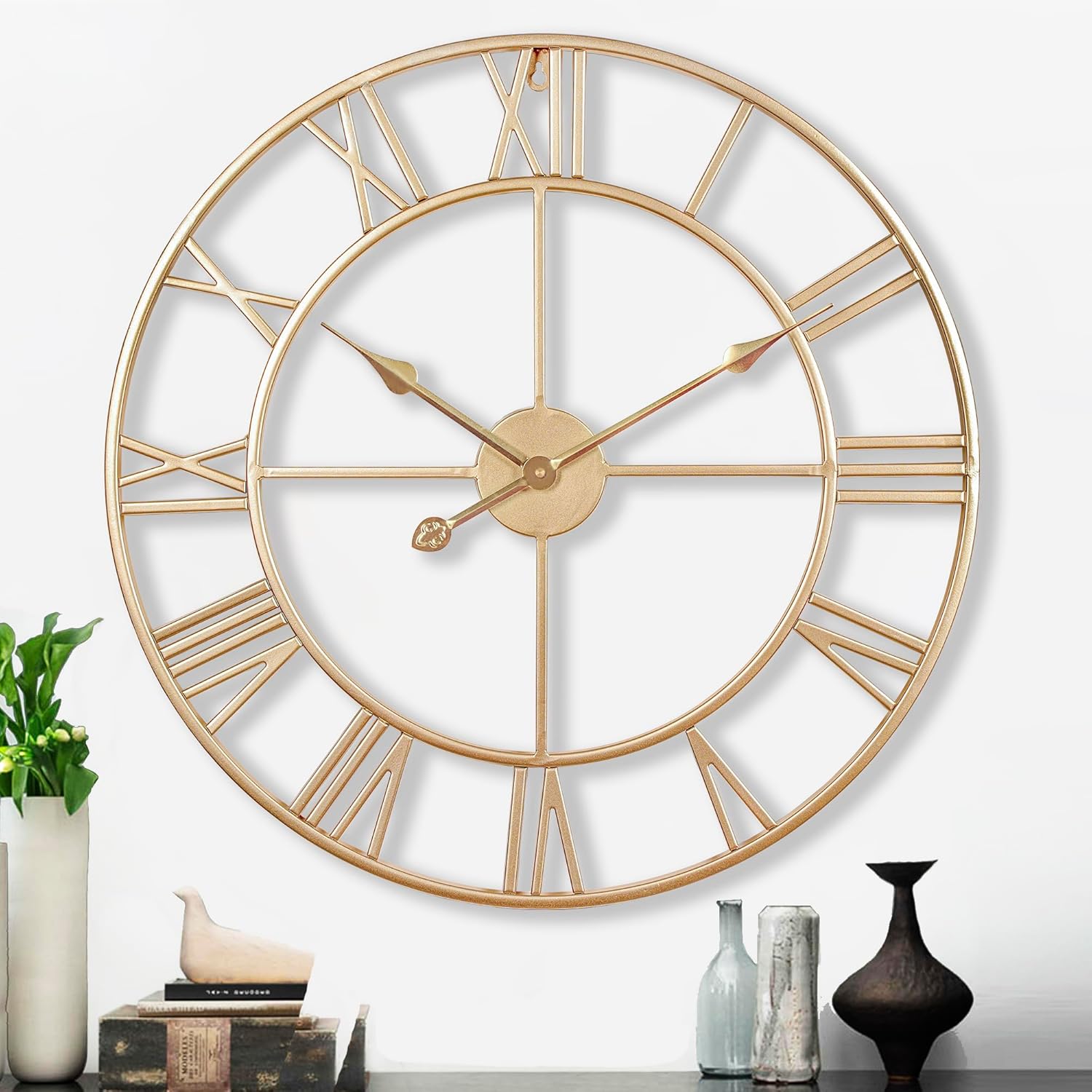 CLXEAST 30 Inch Wall Clock,Large Champagne Gold Metal Roman Numeral Wall Clock, Modern Wall Clocks for Living Room Decor