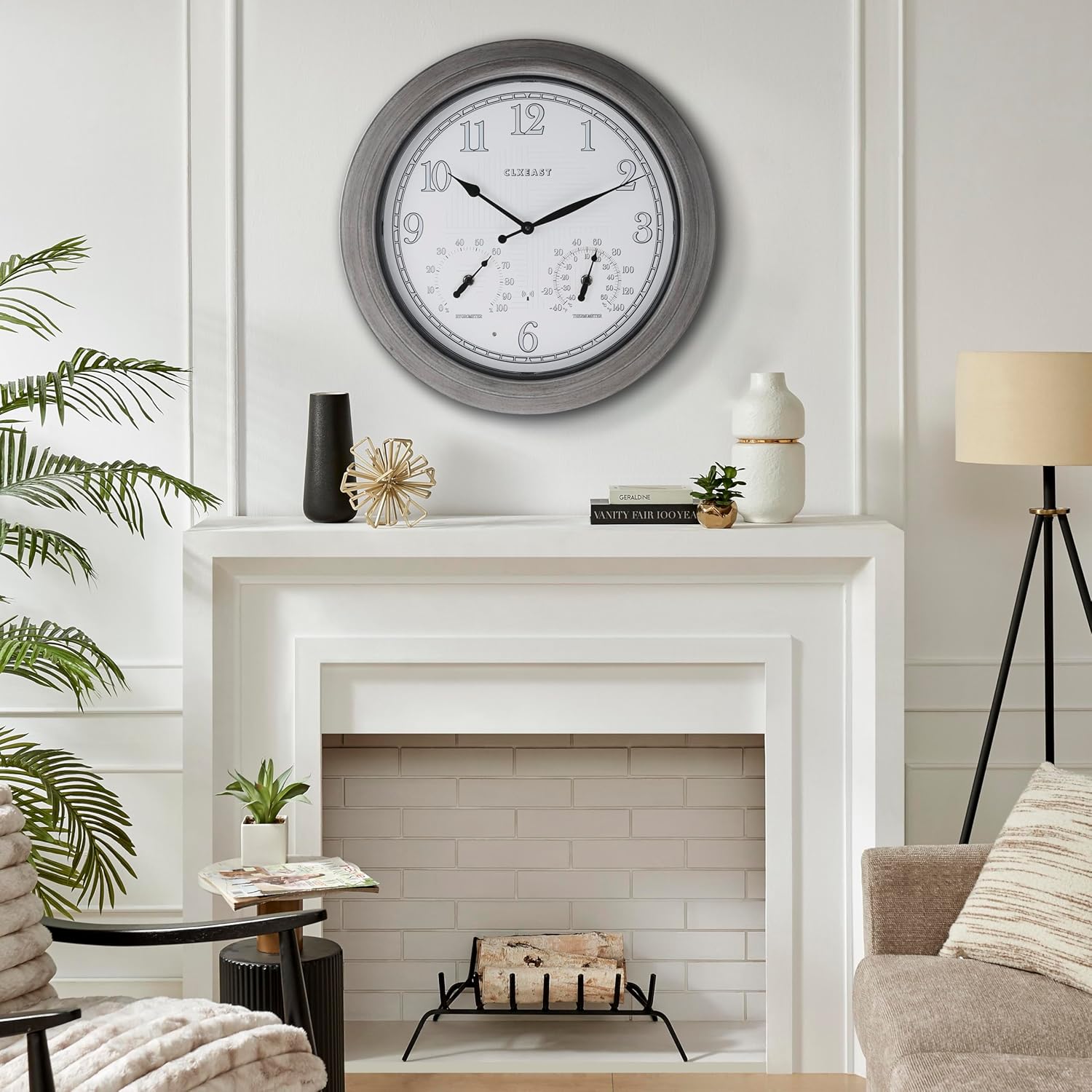 CLXEAST 18 Inch Illuminated Outdoor Indoor Atomic Analog Wall Clock with Temperature & Humidity, Lighted Outdoor Clocks for Patio Large Waterproof with Thermometer,Bronze Finish,House Warming Gifts
