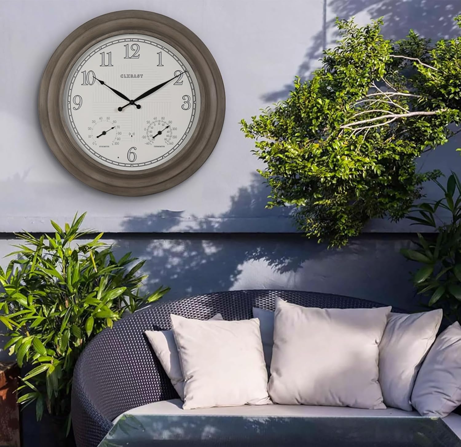 CLXEAST 18 Inch Illuminated Outdoor Indoor Atomic Analog Wall Clock with Temperature & Humidity, Lighted Outdoor Clocks for Patio Large Waterproof with Thermometer,Bronze Finish,House Warming Gifts