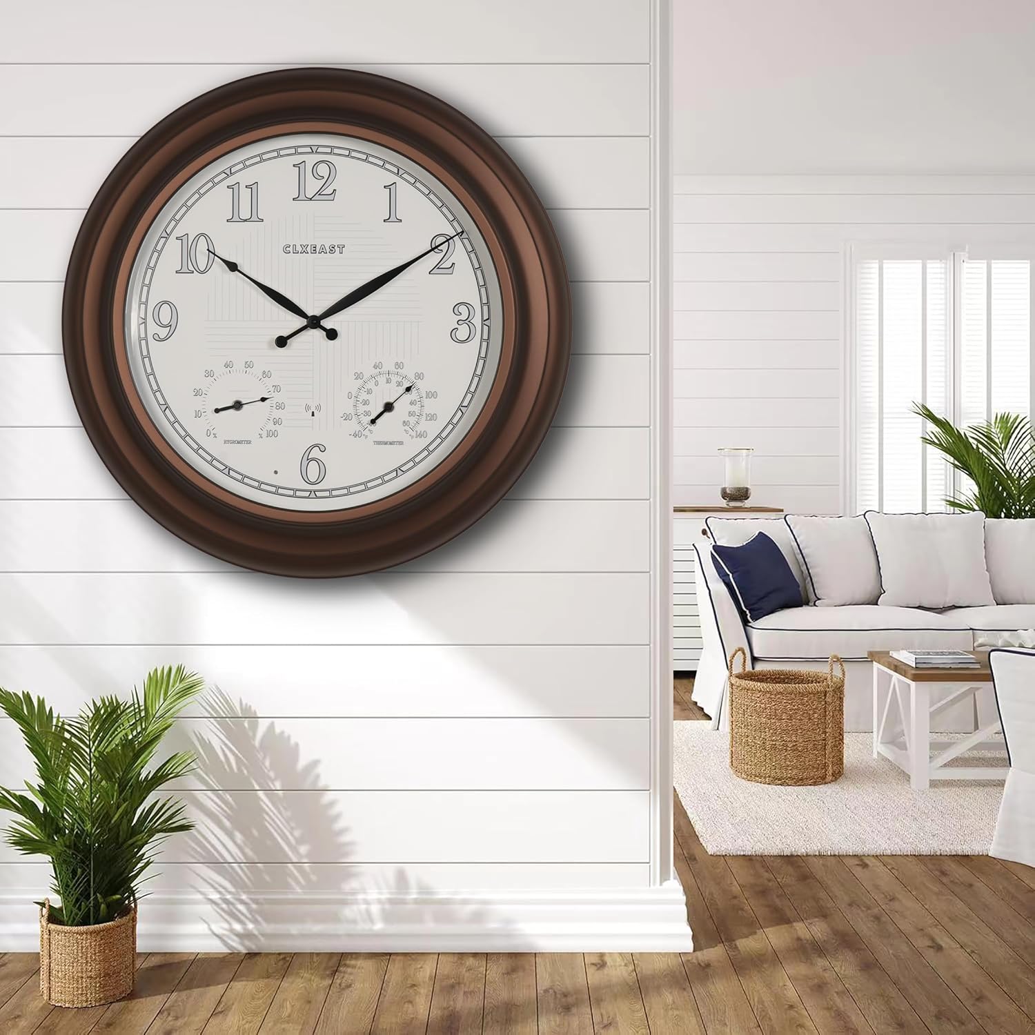 CLXEAST 18 Inch Illuminated Outdoor Indoor Atomic Analog Wall Clock with Temperature & Humidity, Lighted Outdoor Clocks for Patio Large Waterproof with Thermometer,Bronze Finish,House Warming Gifts