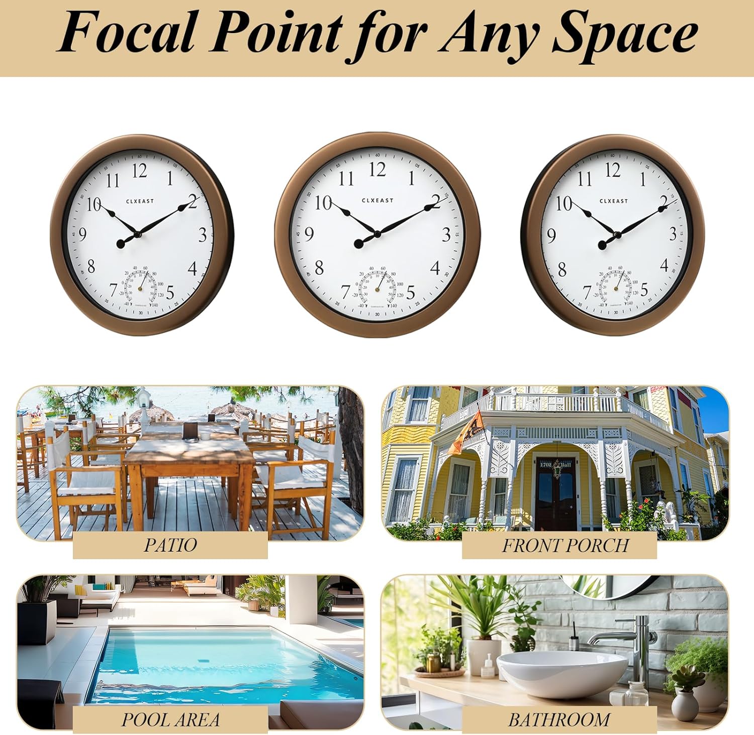 CLXEAST 10.4 Inch Indoor Outdoor Clocks Waterproof,Outdoor Clock with Temperature for Bathroom,Patio, Pool,Kitchen,Gifts for Women, Oil Rubbed Bronze Black Finish