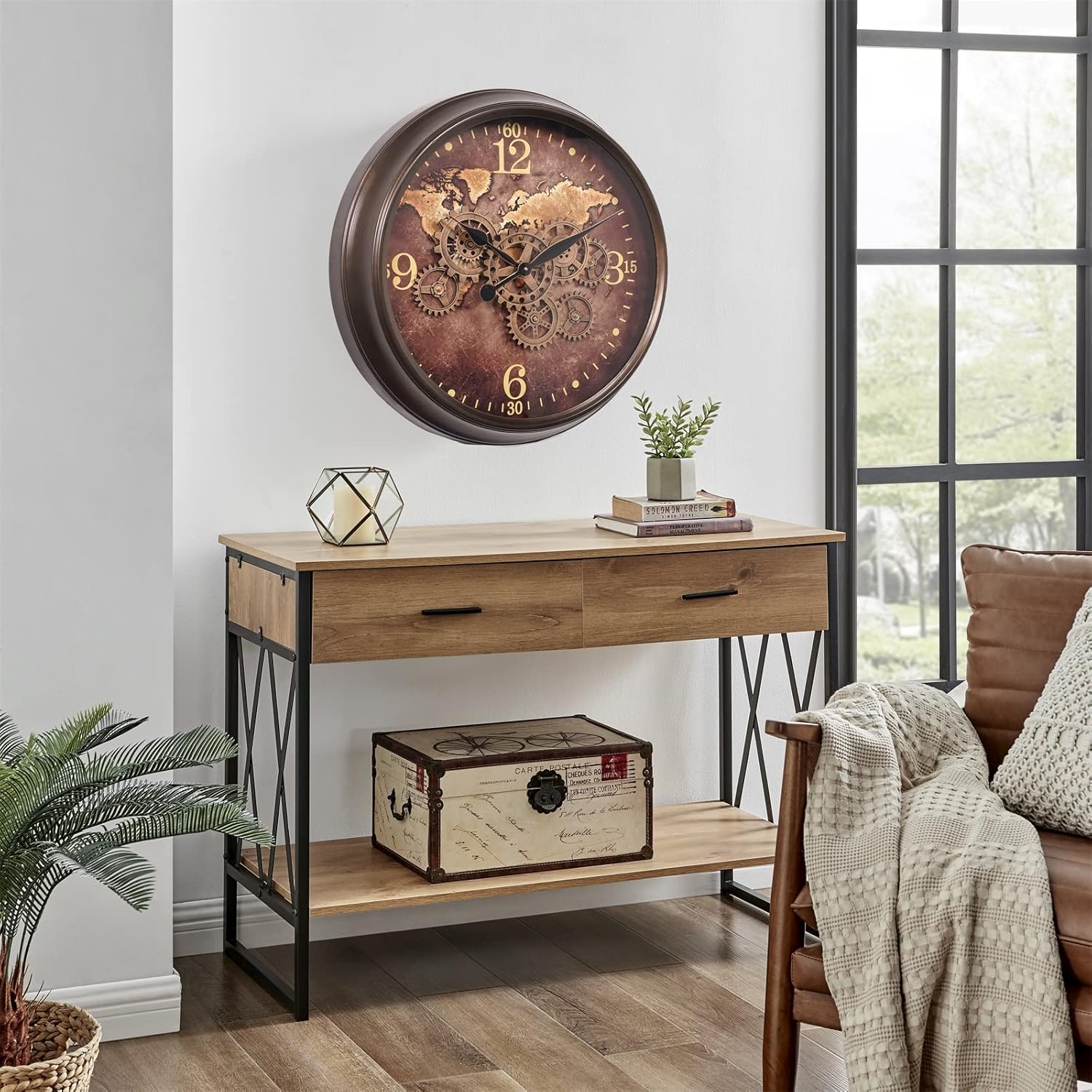 CLXEAST Mid Century Minimalist Modern Wall Clocks,24 Inch Wall Clock with Moving Gears, Large Cream Gold Wall Clocks for Living Room Decor,House Warming Gifts New Home