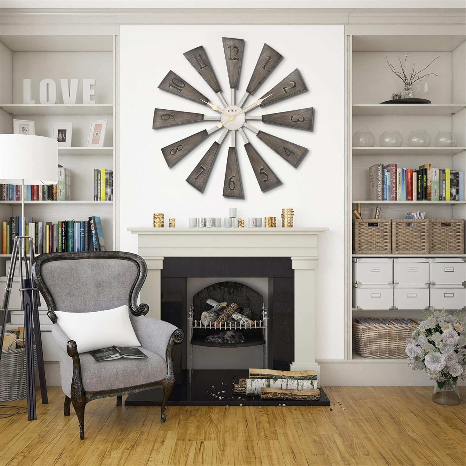 CLXEAST 30 Inch Large Farmhouse DIY Windmill Decor Wall Clock, Adjustable Size 24"/26"/28"/30"/32", 24 Inch Wall Clock for Living Room Decor,Wall Art Decor, Galvanized Plastic