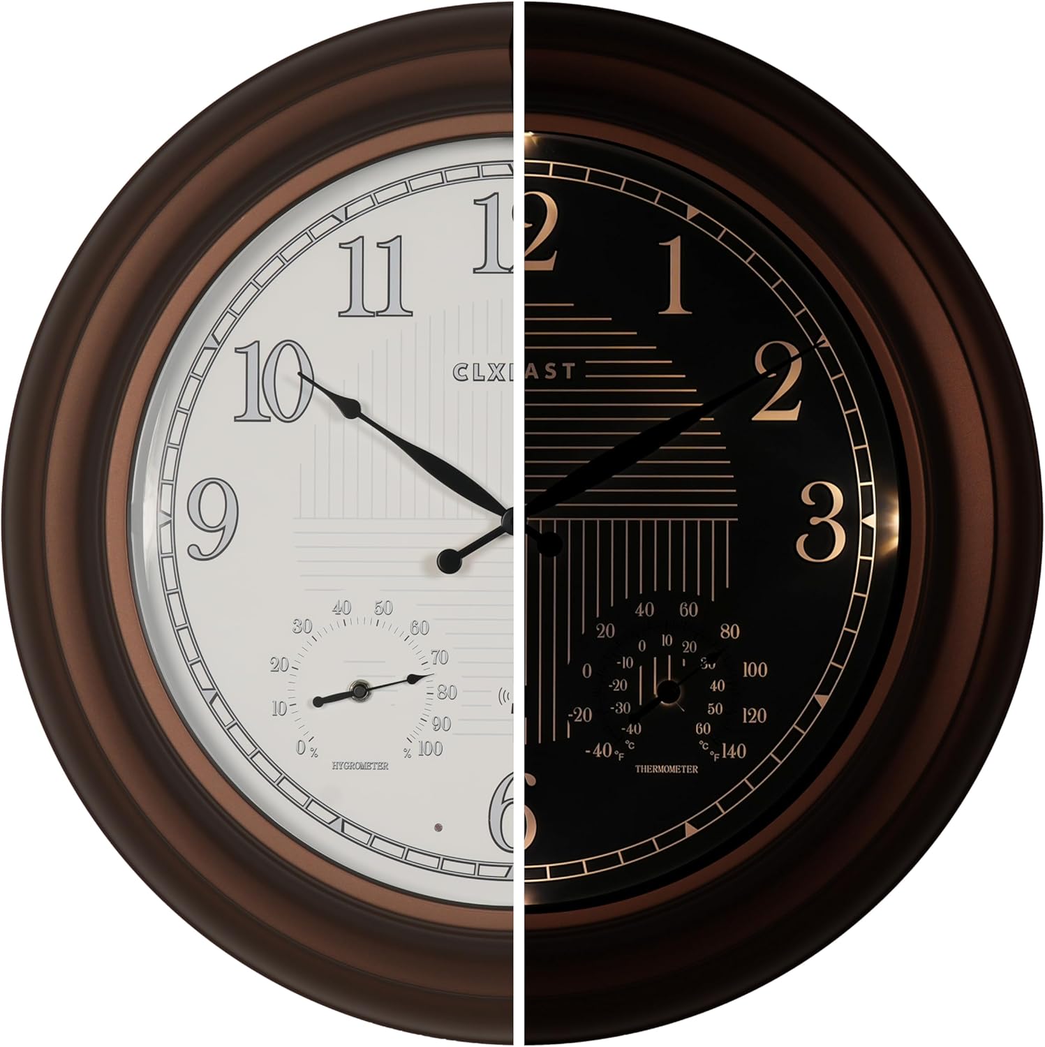 CLXEAST 18 Inch Illuminated Outdoor Indoor Atomic Analog Wall Clock with Temperature & Humidity, Lighted Outdoor Clocks for Patio Large Waterproof with Thermometer,Bronze Finish,House Warming Gifts