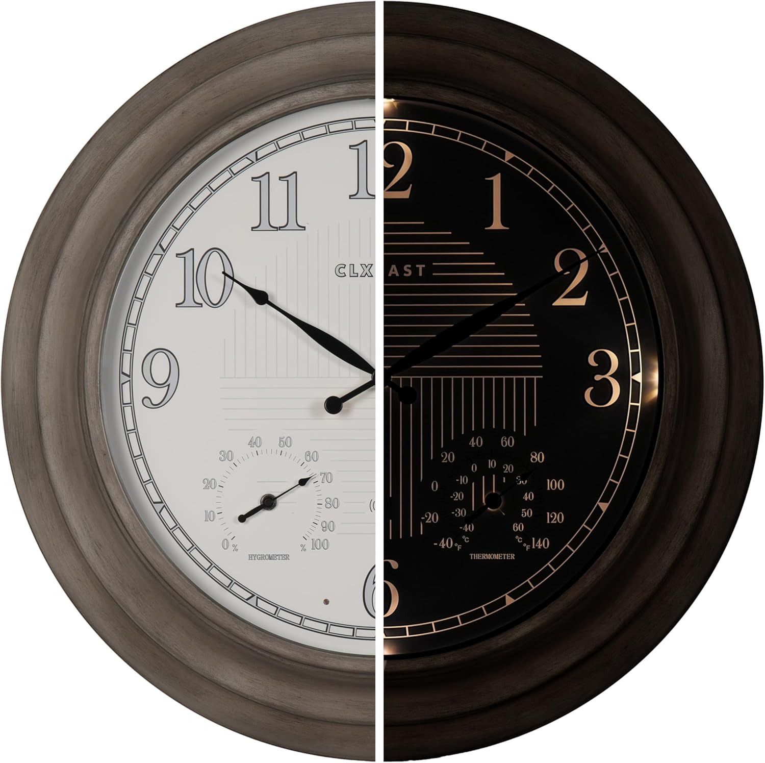 CLXEAST 18 Inch Illuminated Outdoor Indoor Atomic Analog Wall Clock with Temperature & Humidity, Lighted Outdoor Clocks for Patio Large Waterproof with Thermometer,Bronze Finish,House Warming Gifts