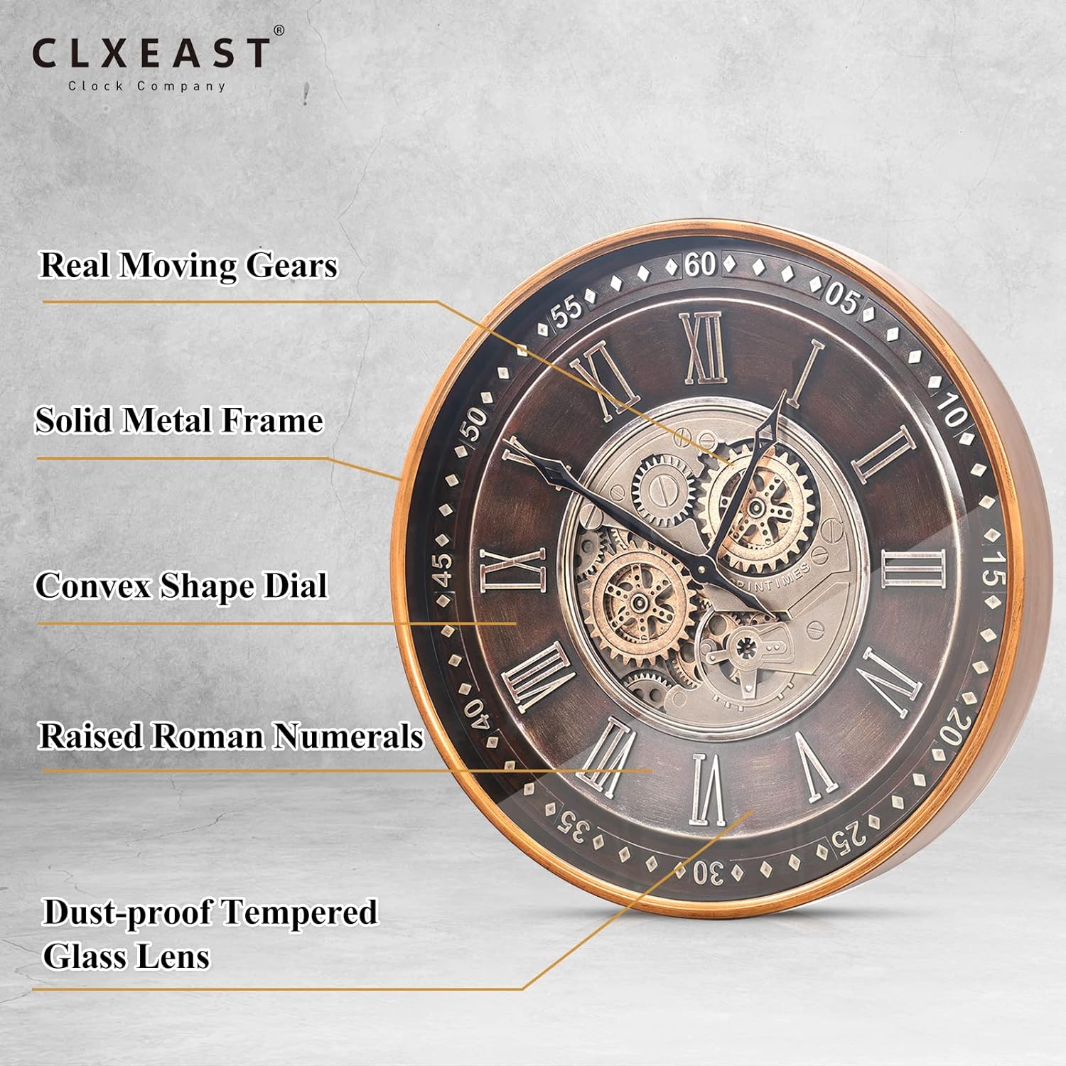 CLXEAST Mid Century Minimalist Modern Wall Clocks,24 Inch Wall Clock with Moving Gears, Large Cream Gold Wall Clocks for Living Room Decor,House Warming Gifts New Home