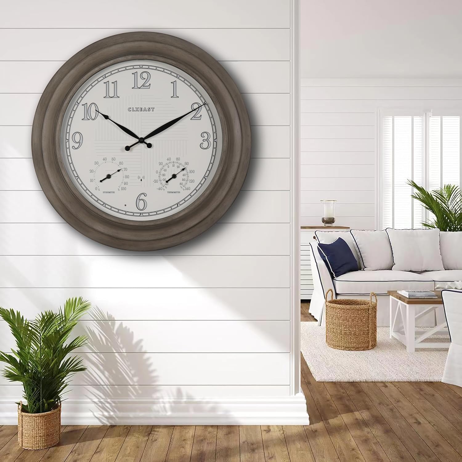 CLXEAST 18 Inch Illuminated Outdoor Indoor Atomic Analog Wall Clock with Temperature & Humidity, Lighted Outdoor Clocks for Patio Large Waterproof with Thermometer,Bronze Finish,House Warming Gifts