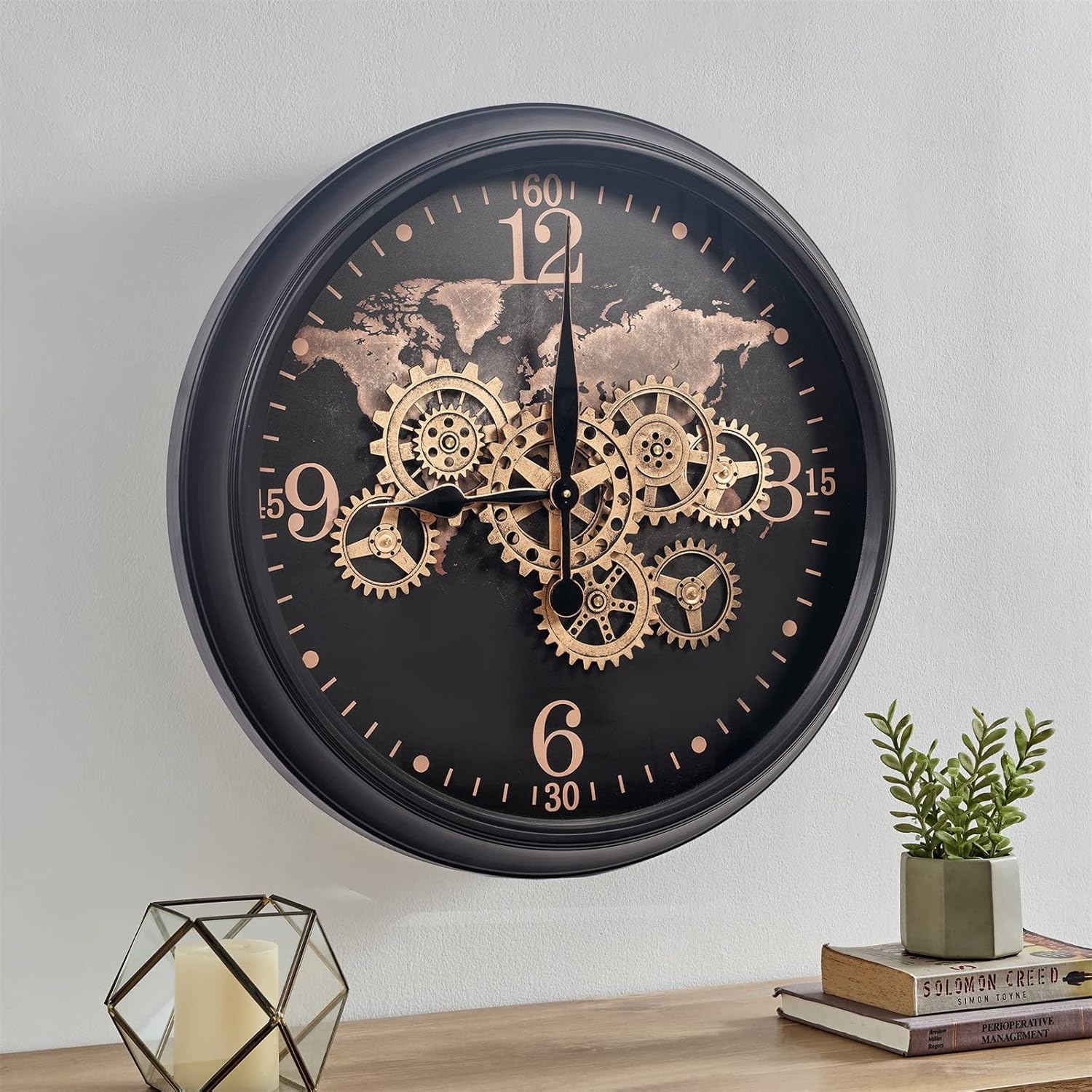 CLXEAST Mid Century Minimalist Modern Wall Clocks,24 Inch Wall Clock with Moving Gears, Large Cream Gold Wall Clocks for Living Room Decor,House Warming Gifts New Home