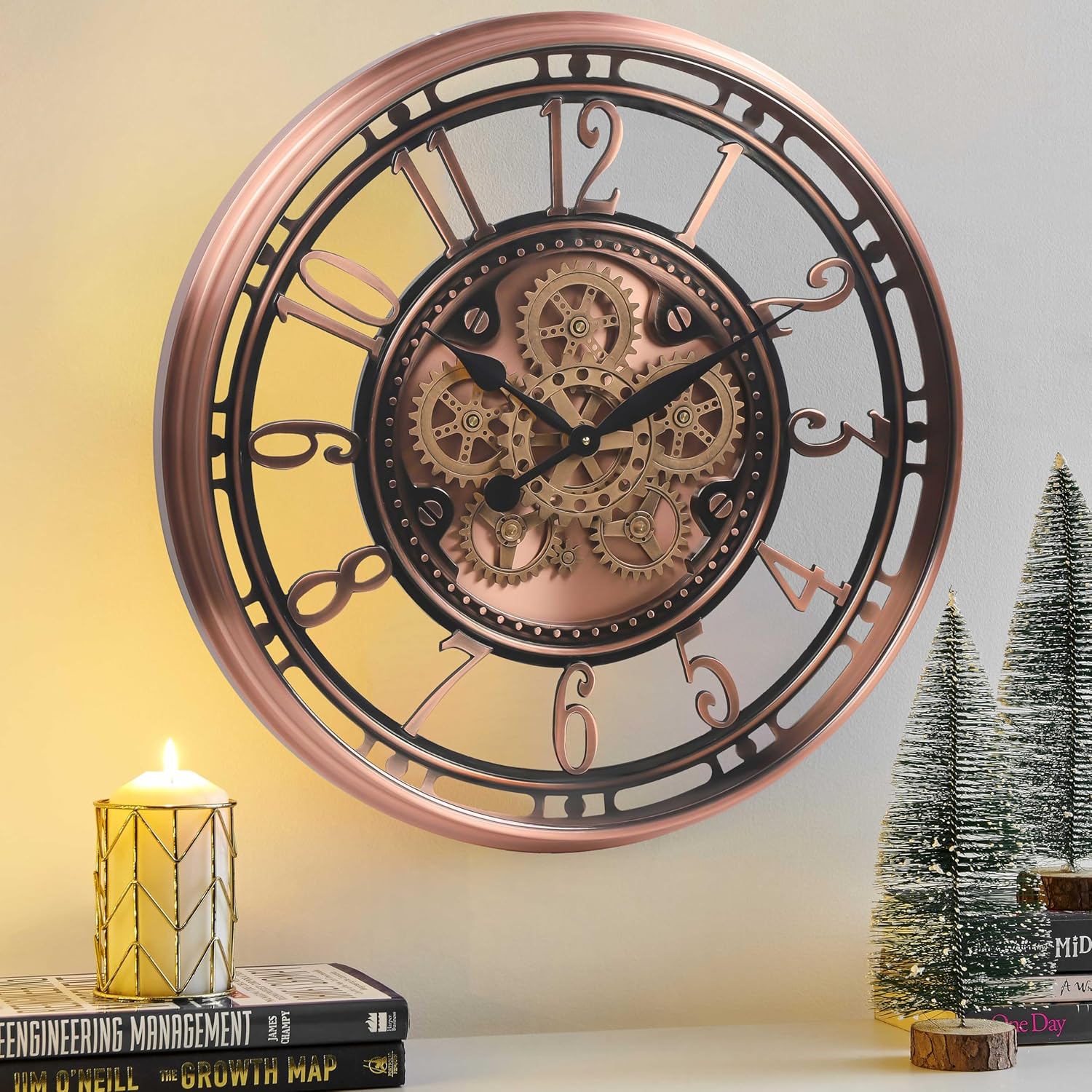 CLXEAST 28 Inch Oversized Large Moving Gear Wall Clock for Living Room Decor, Modern Farmhouse Decorative Wall Clocks Battery Operated,Rose Gold,House Warming Gifts New Home