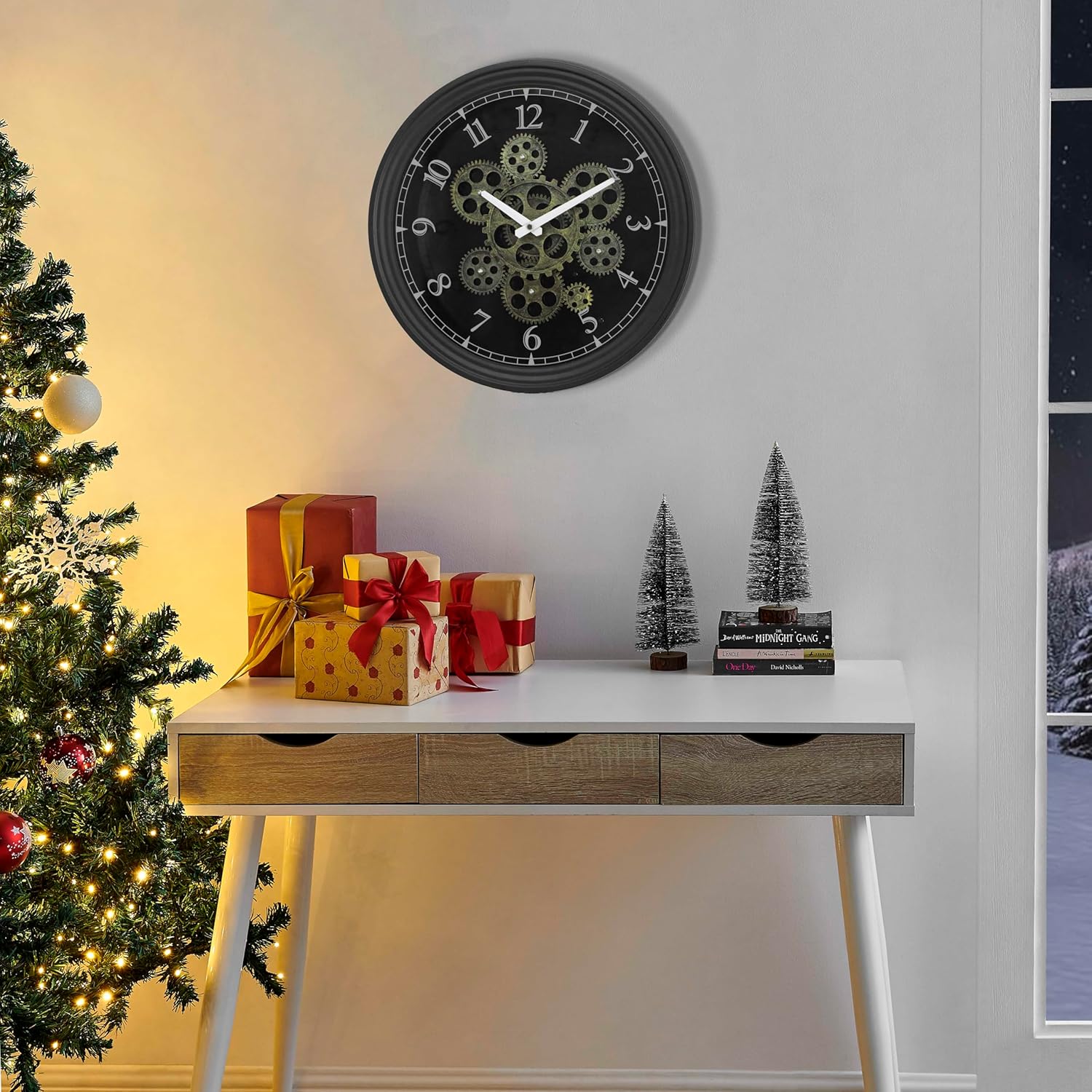 CLXEAST Mid Century Minimalist Modern Wall Clocks,24 Inch Wall Clock with Moving Gears, Large Cream Gold Wall Clocks for Living Room Decor,House Warming Gifts New Home