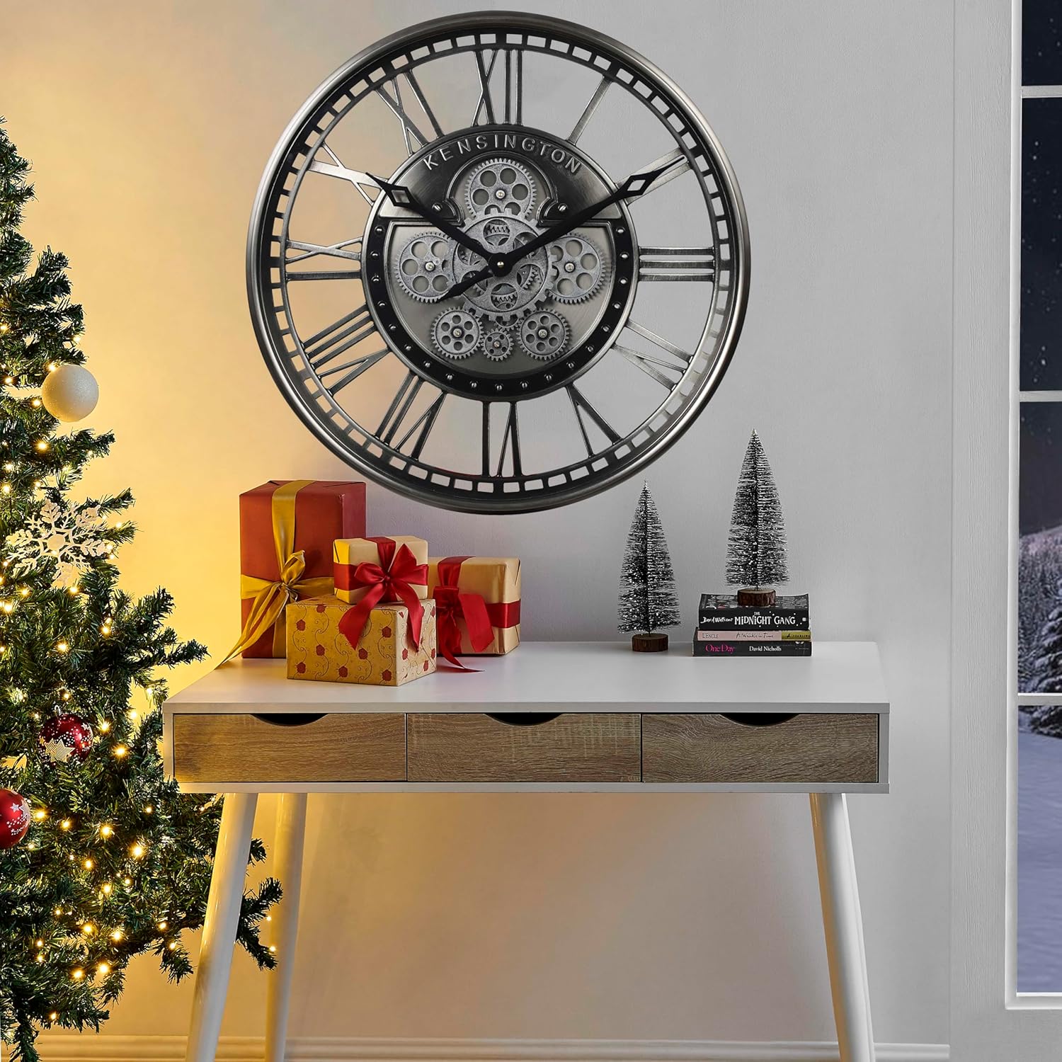 CLXEAST Modern Moving Gears Wall Clock for Living Room Decor,Industrial Steampunk Clocks for Farmhouse Home Decor,Roman Numerals,Gunmetal Nickel (21 Inch)