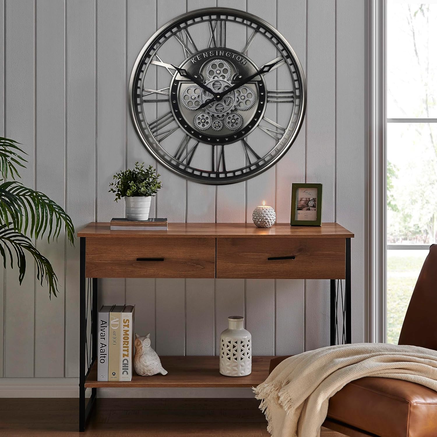 CLXEAST Modern Moving Gears Wall Clock for Living Room Decor,Industrial Steampunk Clocks for Farmhouse Home Decor,Roman Numerals,Gunmetal Nickel (21 Inch)