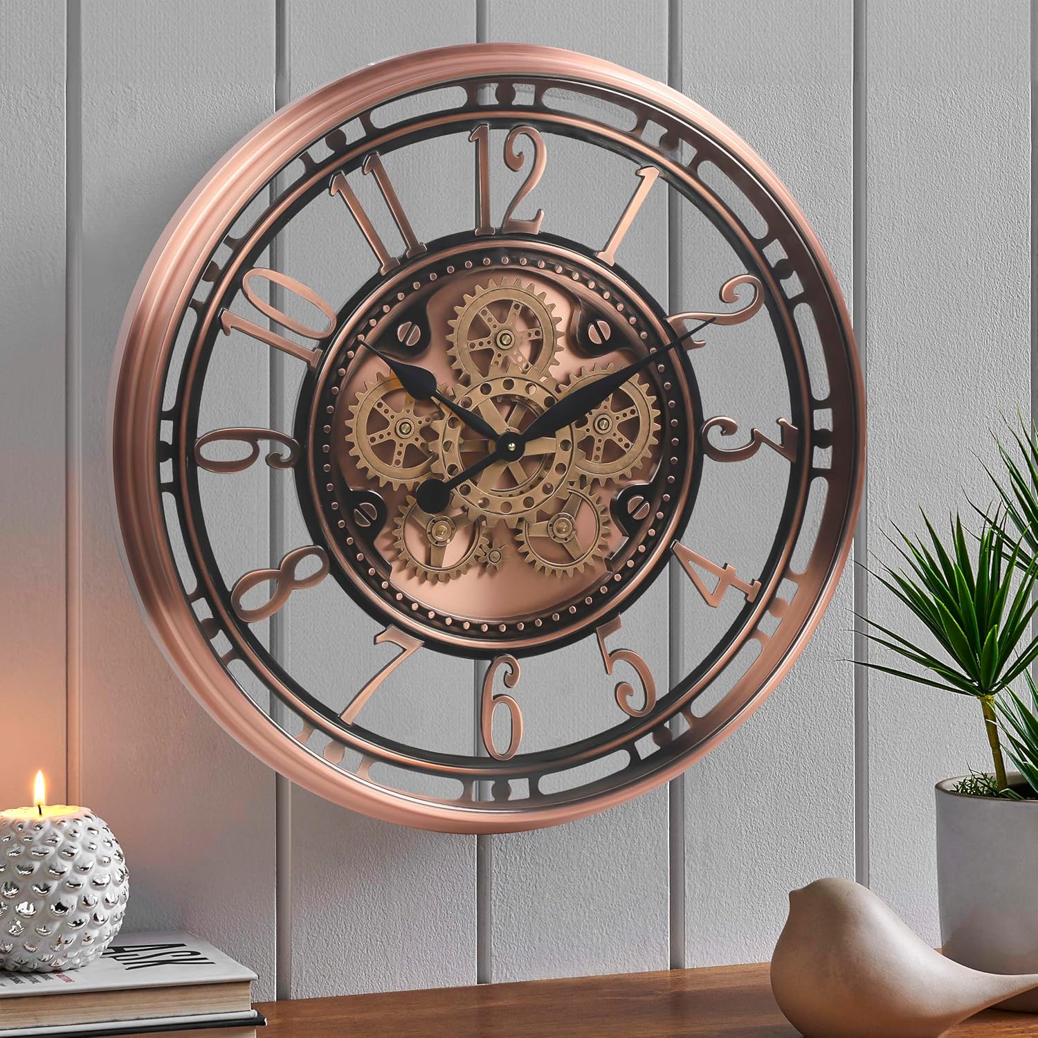 CLXEAST 28 Inch Oversized Large Moving Gear Wall Clock for Living Room Decor, Modern Farmhouse Decorative Wall Clocks Battery Operated,Rose Gold,House Warming Gifts New Home
