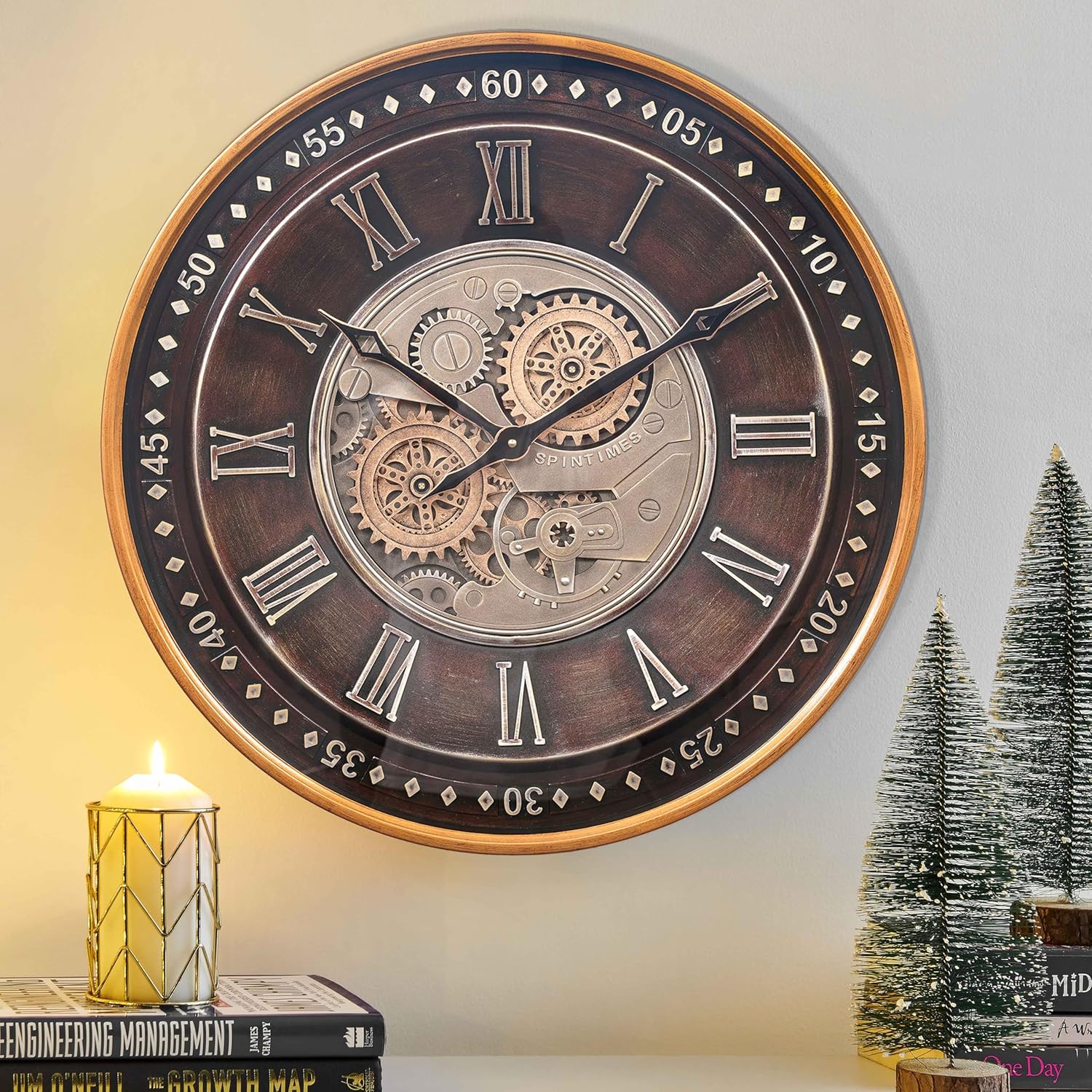 CLXEAST Mid Century Minimalist Modern Wall Clocks,24 Inch Wall Clock with Moving Gears, Large Cream Gold Wall Clocks for Living Room Decor,House Warming Gifts New Home