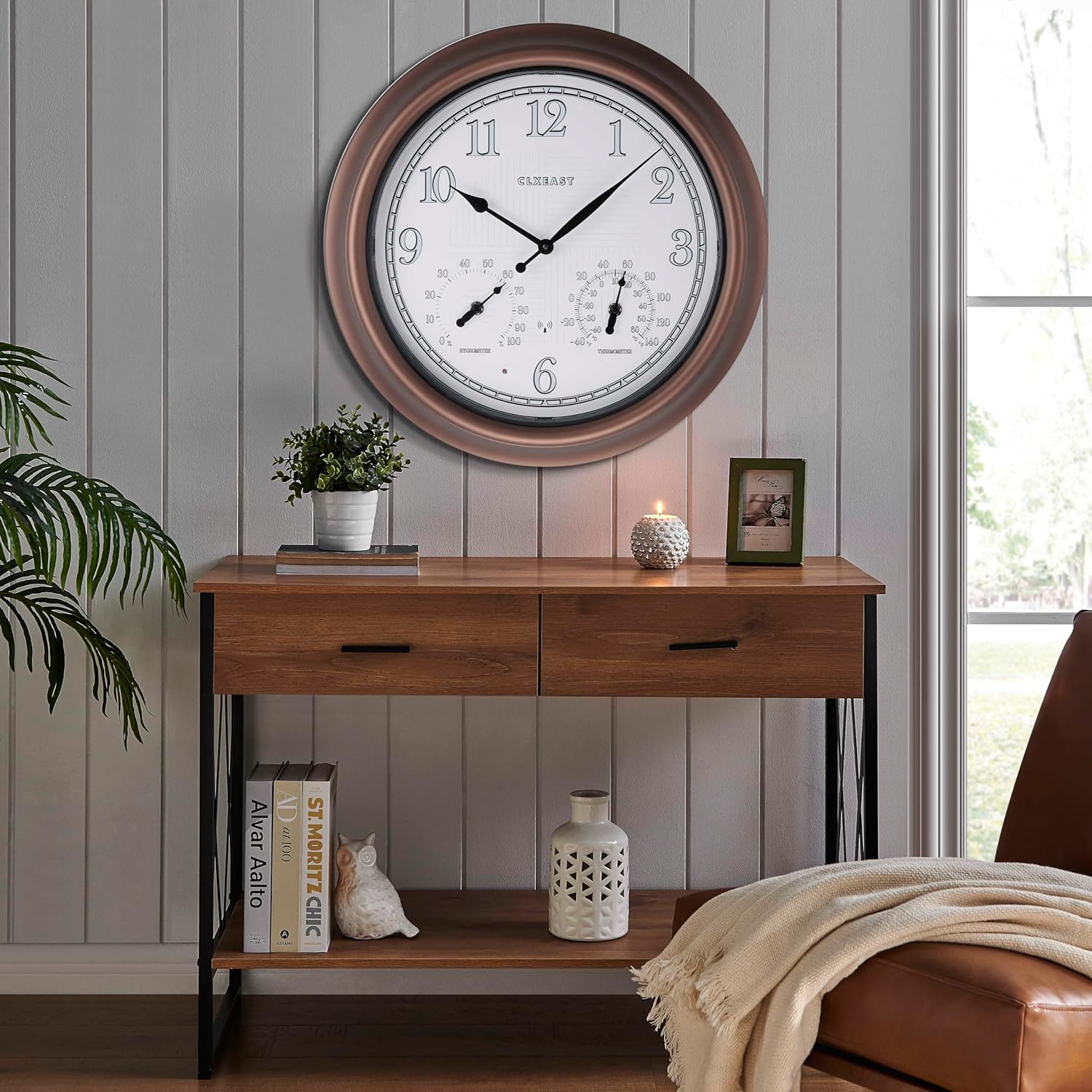 CLXEAST 18 Inch Illuminated Outdoor Indoor Atomic Analog Wall Clock with Temperature & Humidity, Lighted Outdoor Clocks for Patio Large Waterproof with Thermometer,Bronze Finish,House Warming Gifts