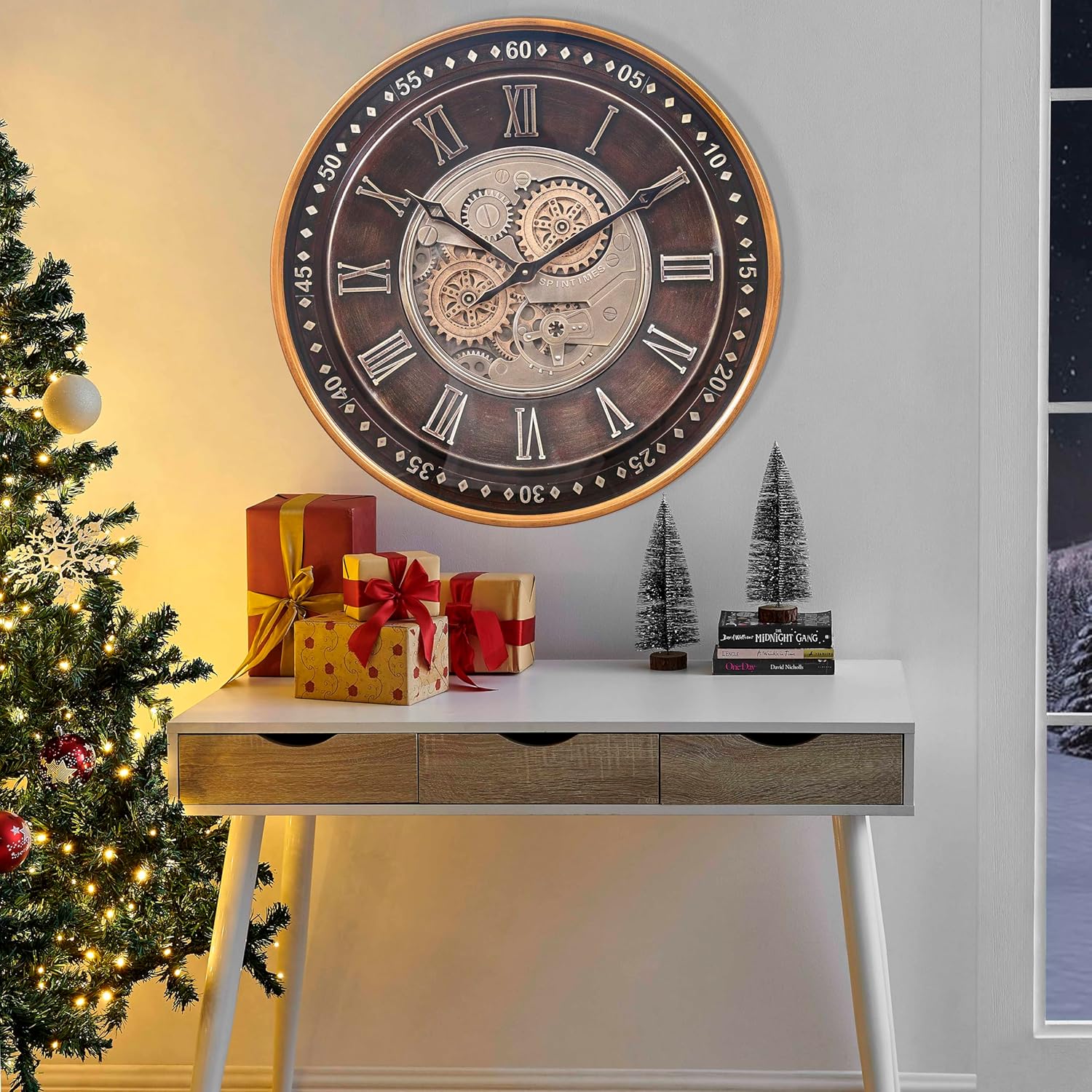 CLXEAST Mid Century Minimalist Modern Wall Clocks,24 Inch Wall Clock with Moving Gears, Large Cream Gold Wall Clocks for Living Room Decor,House Warming Gifts New Home