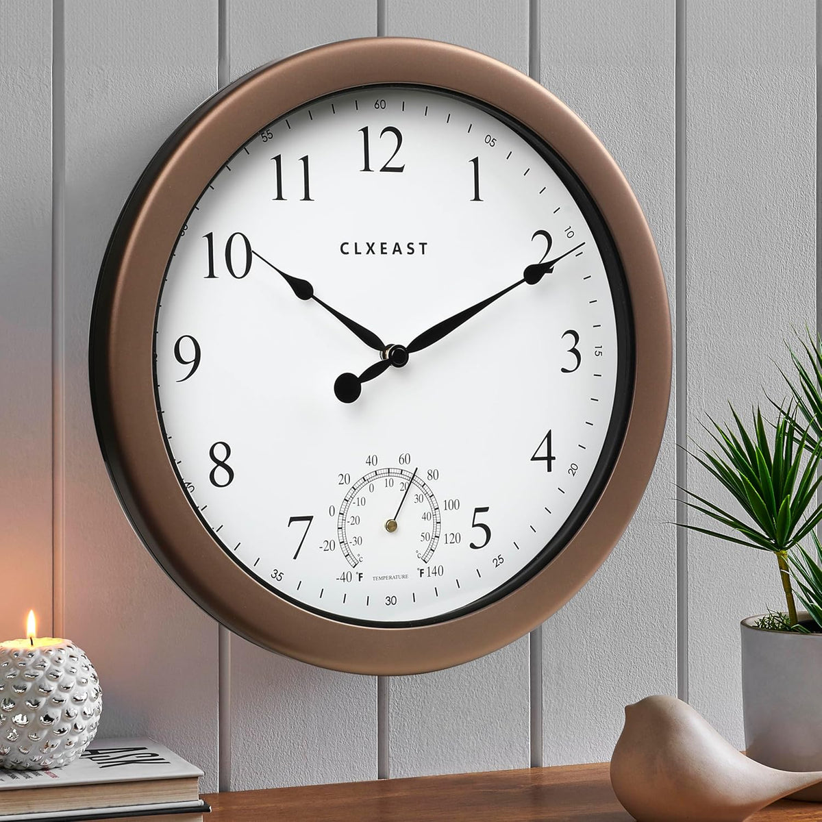 CLXEAST 10.4 Inch Indoor Outdoor Clocks Waterproof,Outdoor Clock with Temperature for Bathroom,Patio, Pool,Kitchen,Gifts for Women, Oil Rubbed Bronze Black Finish