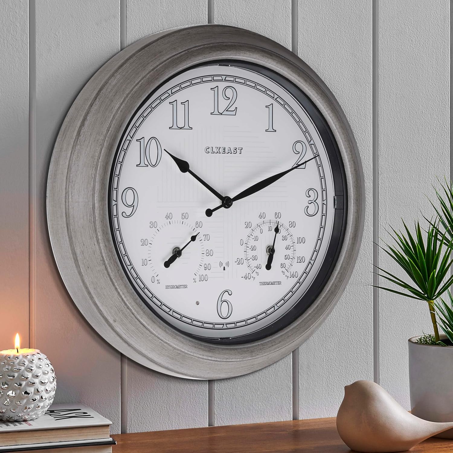 CLXEAST 18 Inch Illuminated Outdoor Indoor Atomic Analog Wall Clock with Temperature & Humidity, Lighted Outdoor Clocks for Patio Large Waterproof with Thermometer,Bronze Finish,House Warming Gifts