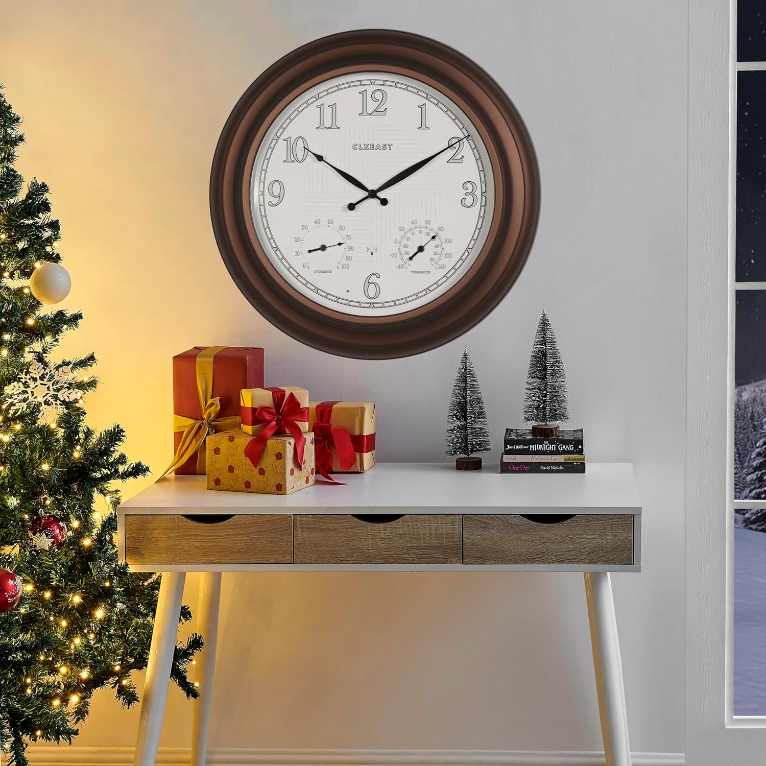CLXEAST 18 Inch Illuminated Outdoor Indoor Atomic Analog Wall Clock with Temperature & Humidity, Lighted Outdoor Clocks for Patio Large Waterproof with Thermometer,Bronze Finish,House Warming Gifts