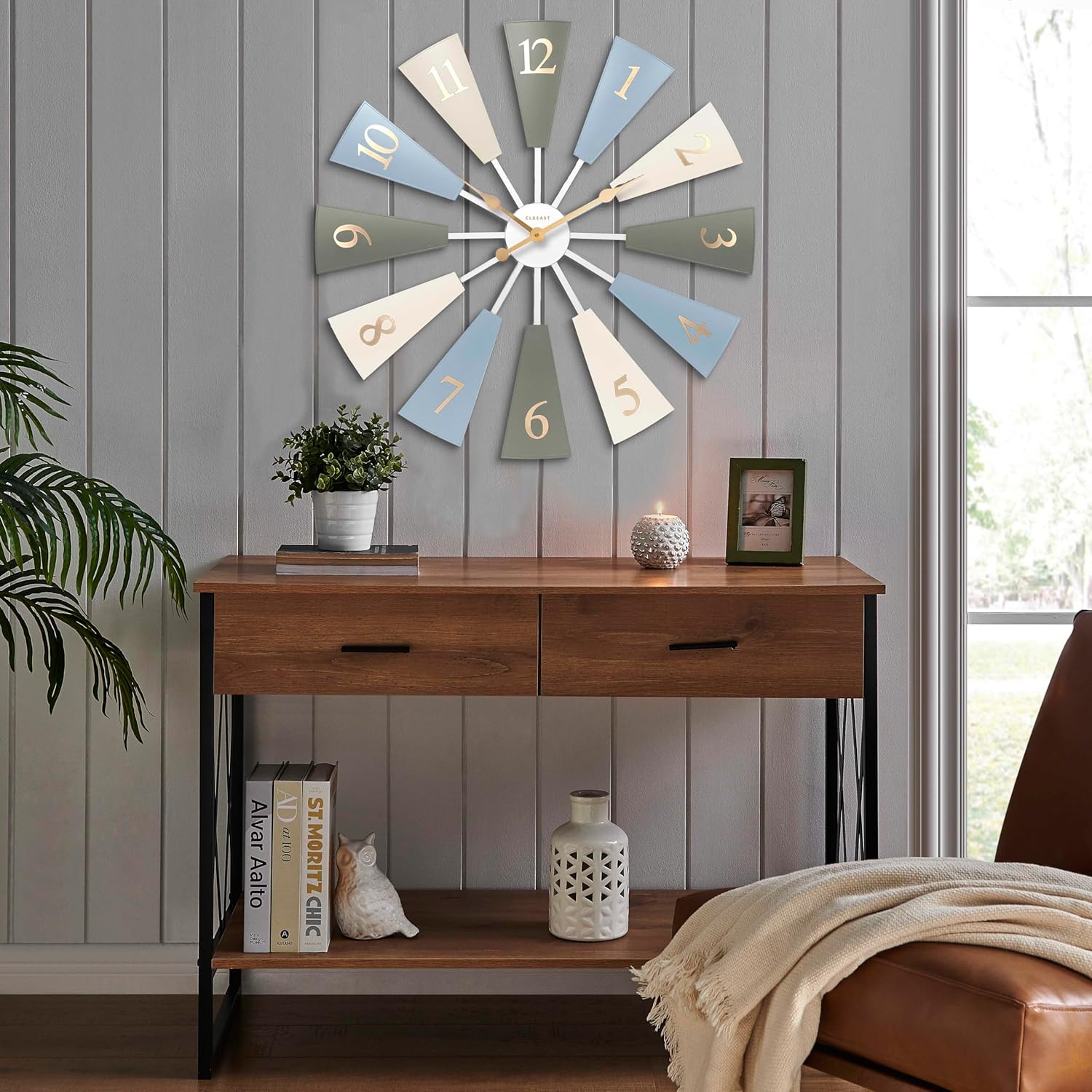 CLXEAST 30 Inch Large Farmhouse DIY Windmill Decor Wall Clock, Adjustable Size 24"/26"/28"/30"/32", 24 Inch Wall Clock for Living Room Decor,Wall Art Decor, Galvanized Plastic